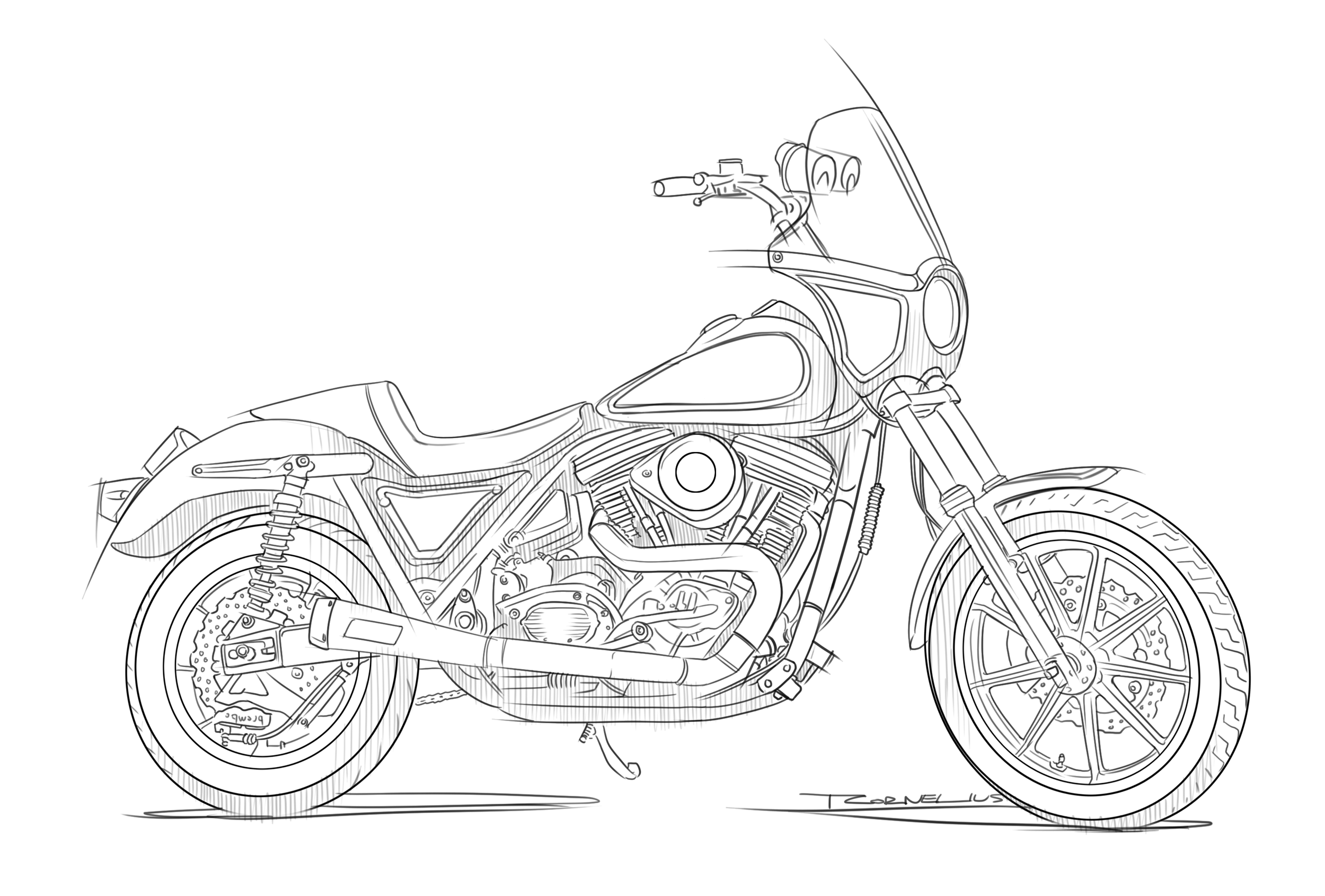 Line drawing of a motorcycle with detailed engine, wheels, and frame, signed by Cornelius.