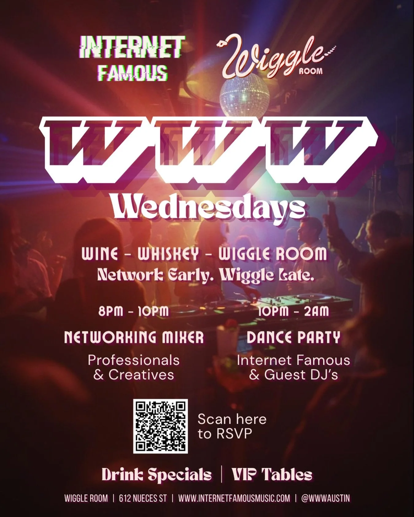 Welcome to WWW Wednesday at @wiggleroomatx! Calling all creatives, entrepreneurs, artists, business owners, film makers, models, fashion designers, writers, DJs, producers, singers and anyone wanting to expand your network! Plus we get to wiggle at t