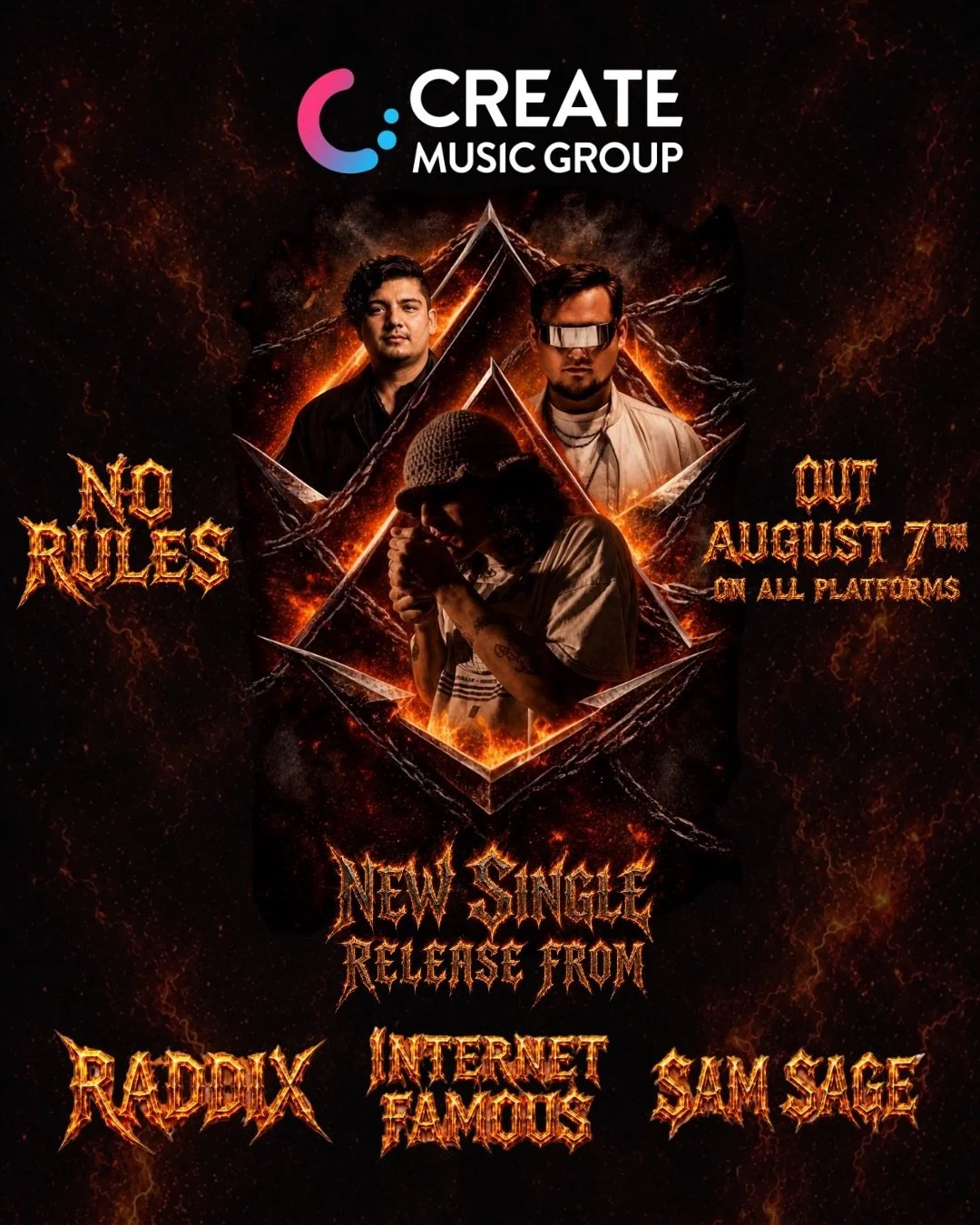 Honored to announce NO RULES releasing with Create Music Group Aug.7th with @raddixofficial @samsagewize on this Super Project🔥 Major Milestone on this one here. We&rsquo;re Just getting started! Pre-Save in bio ⛓️&zwj;💥