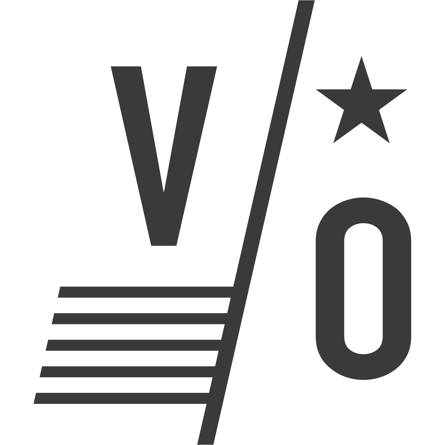 Modern black and gray logo featuring a large letter 'V' and a smaller 'O' separated by a diagonal line, with a star above the 'O' and horizontal lines below the 'V'.