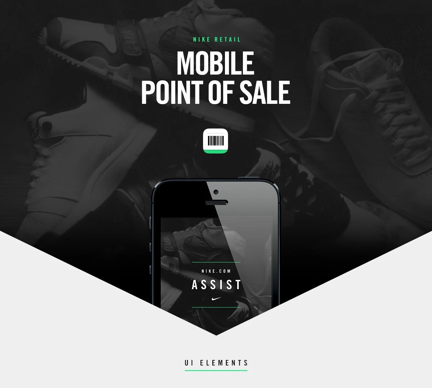 Digital advertisement for Nike retail mobile point of sale with shoes and a smartphone
