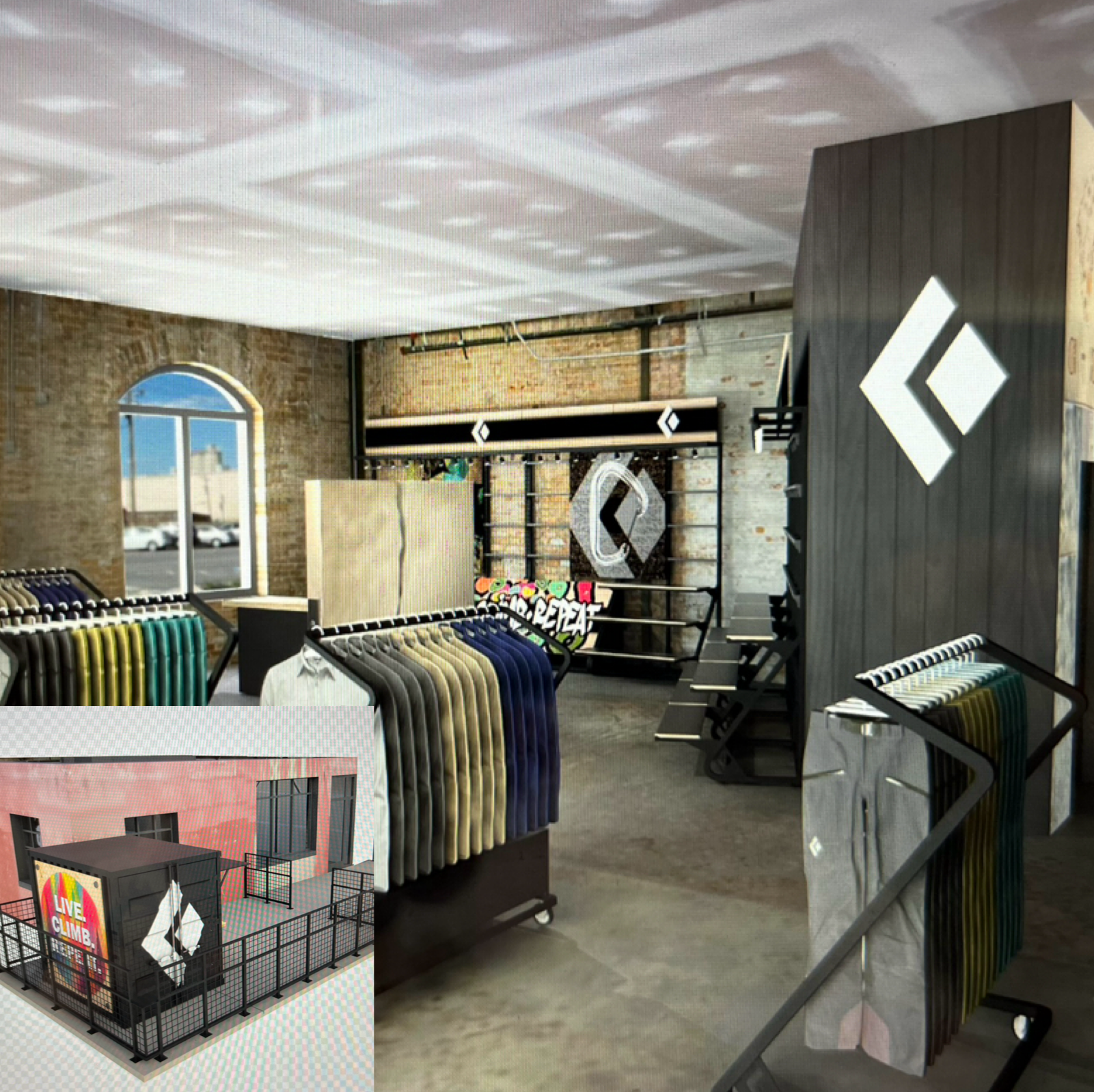 Interior of a retail store with skateboard decks on display racks, exposed brick walls, a large window, and branded signage.