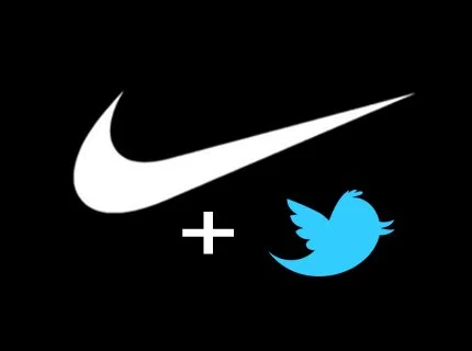 Nike logo with a plus sign and the Twitter bird logo below it.