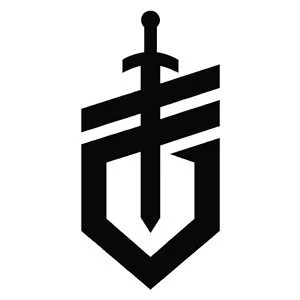 A black logo featuring a sword with a shield-like design beneath it.