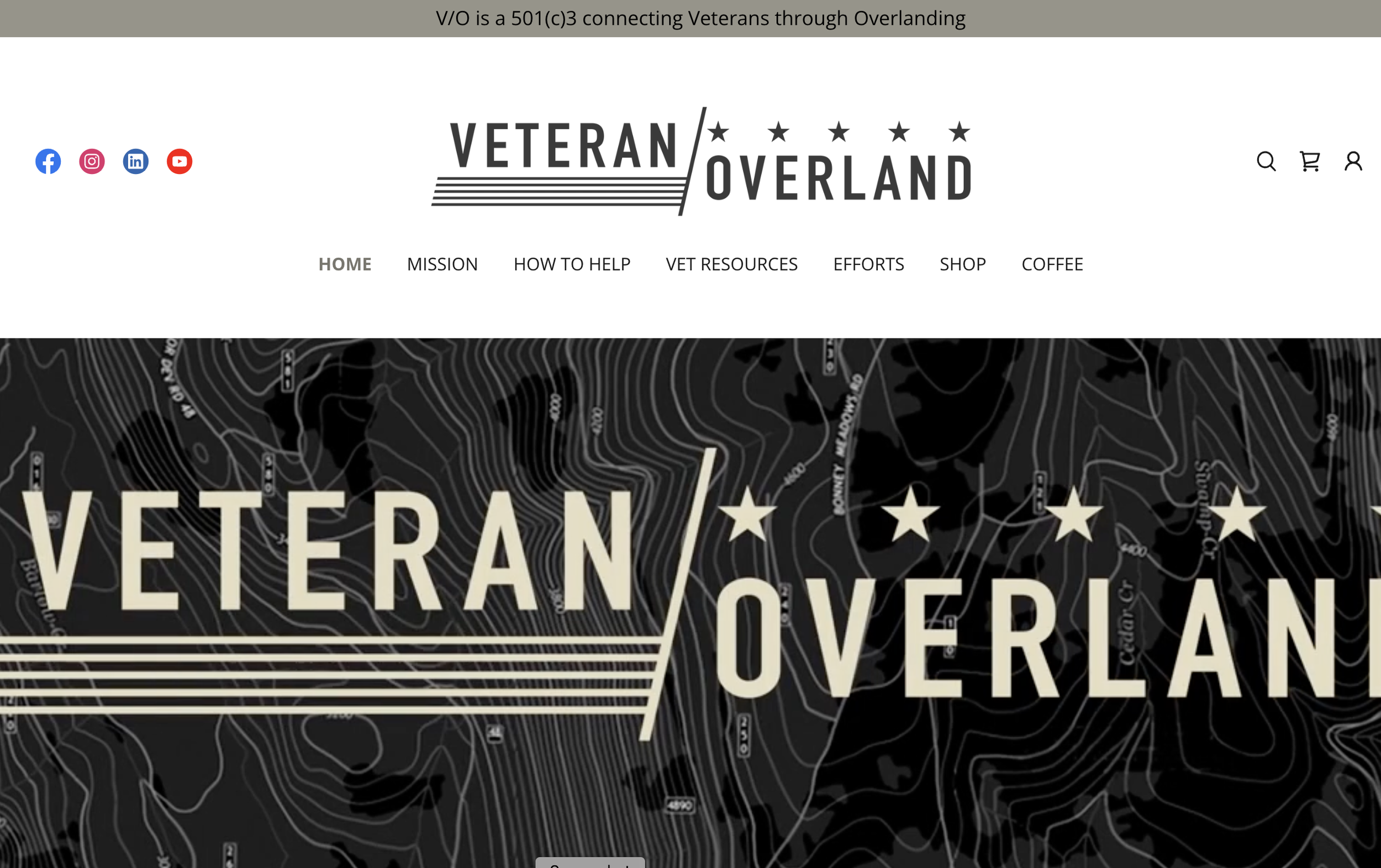 Header of VETERAN OVERLAND website with social media icons, navigation menu, and a black topographic map background with the prominent text 'VETERAN OVERLAND' overlaid.