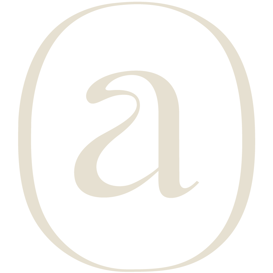 An oval-shaped logo with a stylized lowercase letter 'a' inside, with a beige background and black interior.