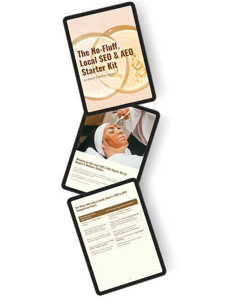 A digital device displaying three images: an eBook cover titled "The No-Fluff, Local SEO & AED Starter Kit," a woman receiving a cosmetic treatment, and a text document describing the starter kit.