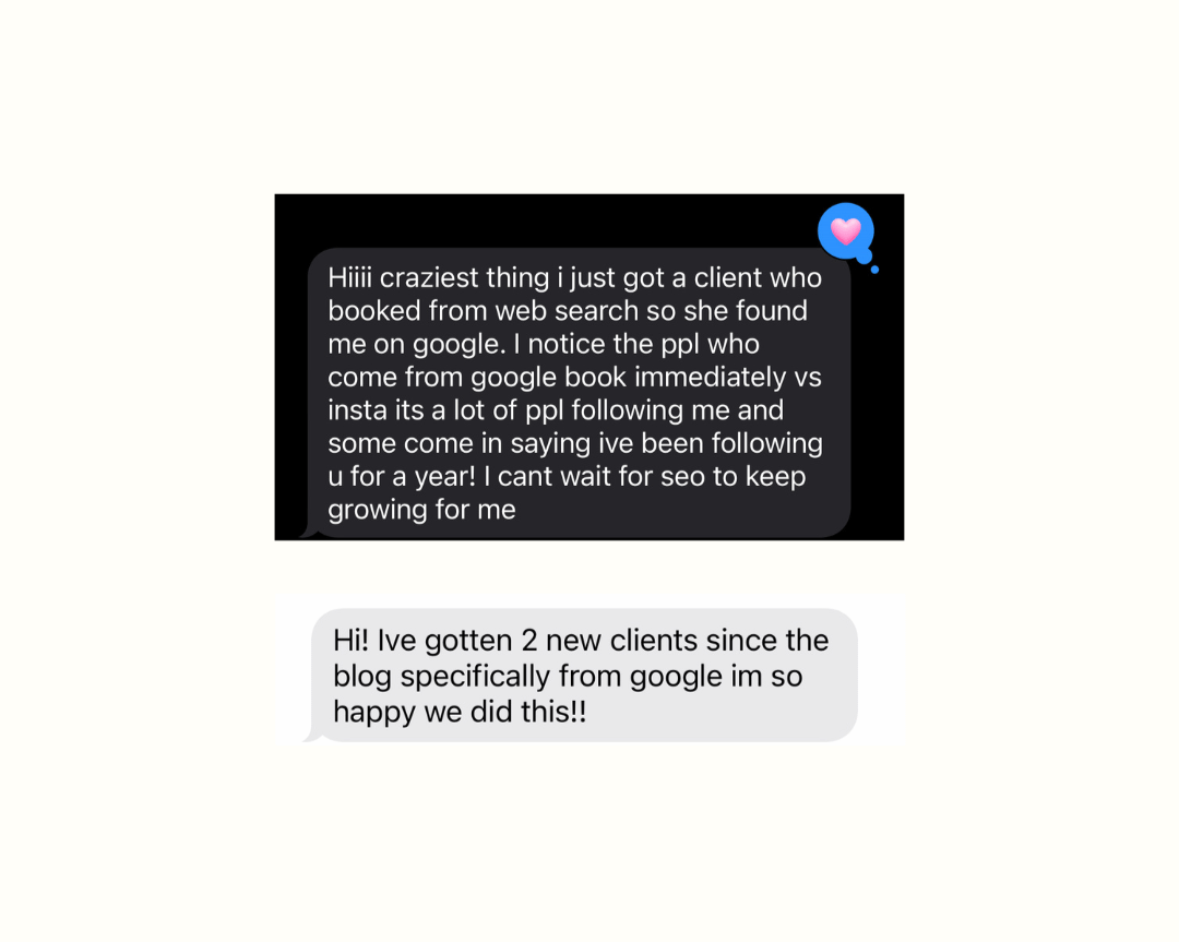 Screenshare of a chat conversation between two individuals discussing success with SEO and Google search. The first person shares excitement about gaining clients through Google, and the second responds with happiness about acquiring two new clients from Google search results.