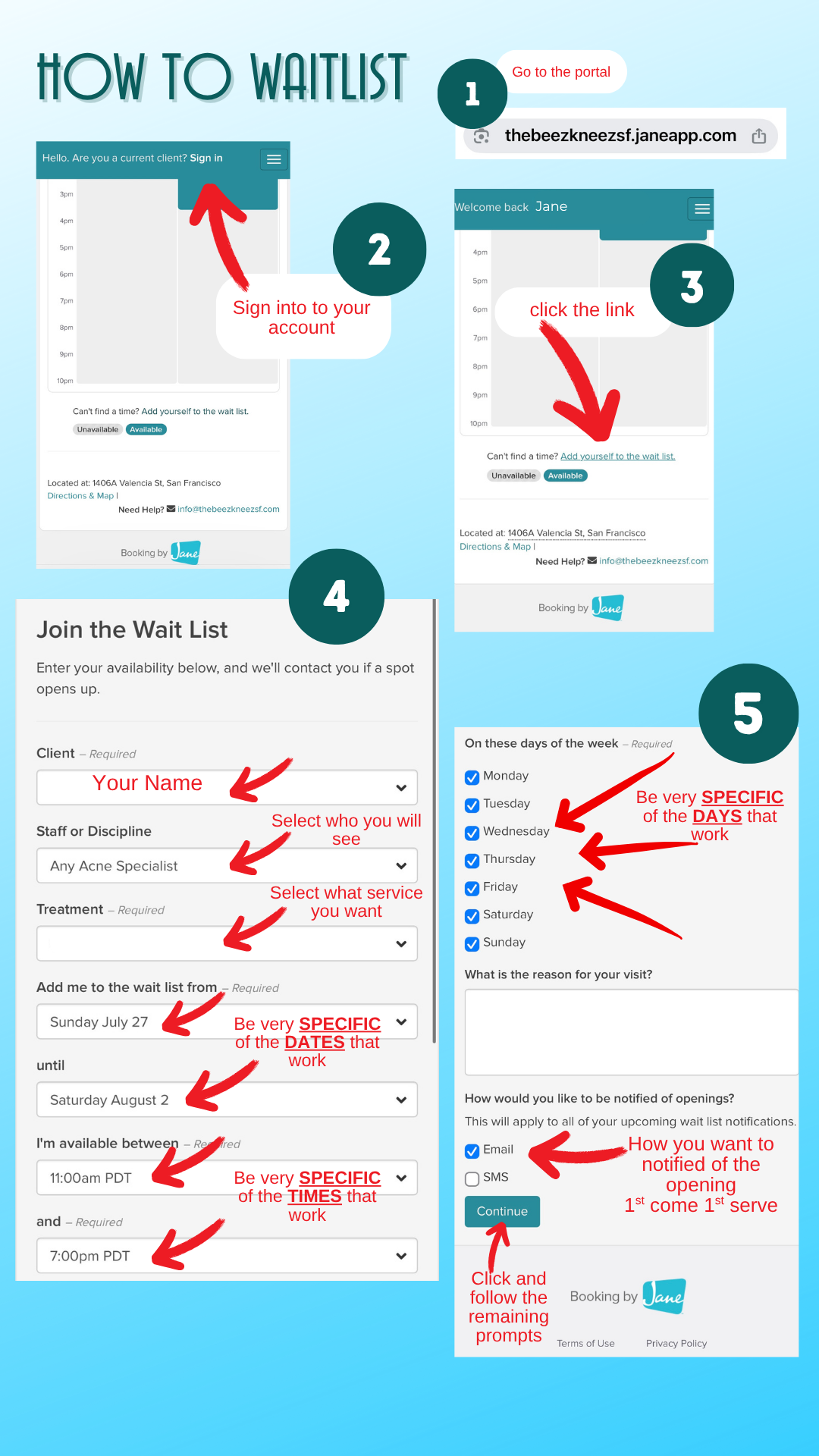 A step-by-step guide on how to join a waitlist for a healthcare service, including signing into an account, clicking a link, filling out a form with personal and appointment details, selecting specific days and times, and choosing notification preferences.