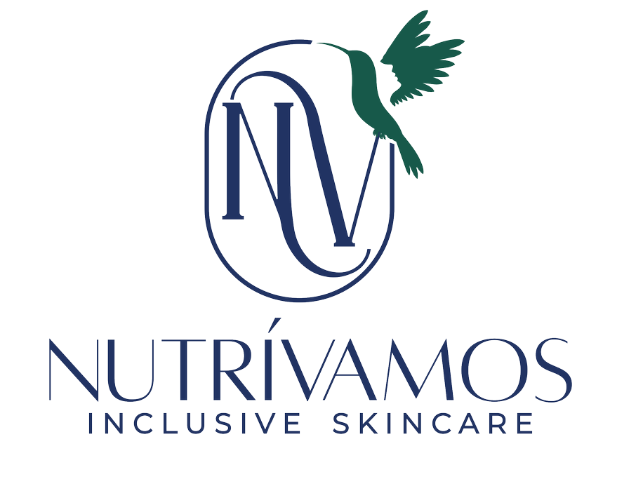 Logo for NutríVámos Inclusive Skincare featuring a hummingbird and the initials 'NV' inside an oval shape.