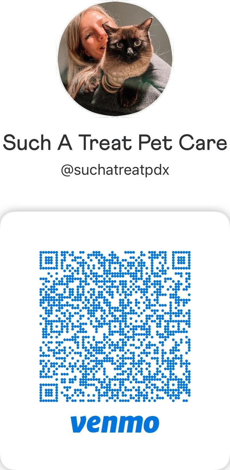 Profile picture of a person with long blonde hair holding a siamese cat. The background is neutral. The image is part of a pet care service profile titled 'Such A Treat Pet Care' with the handle '@suchtreatpdx' and a blue Venmo QR code below.