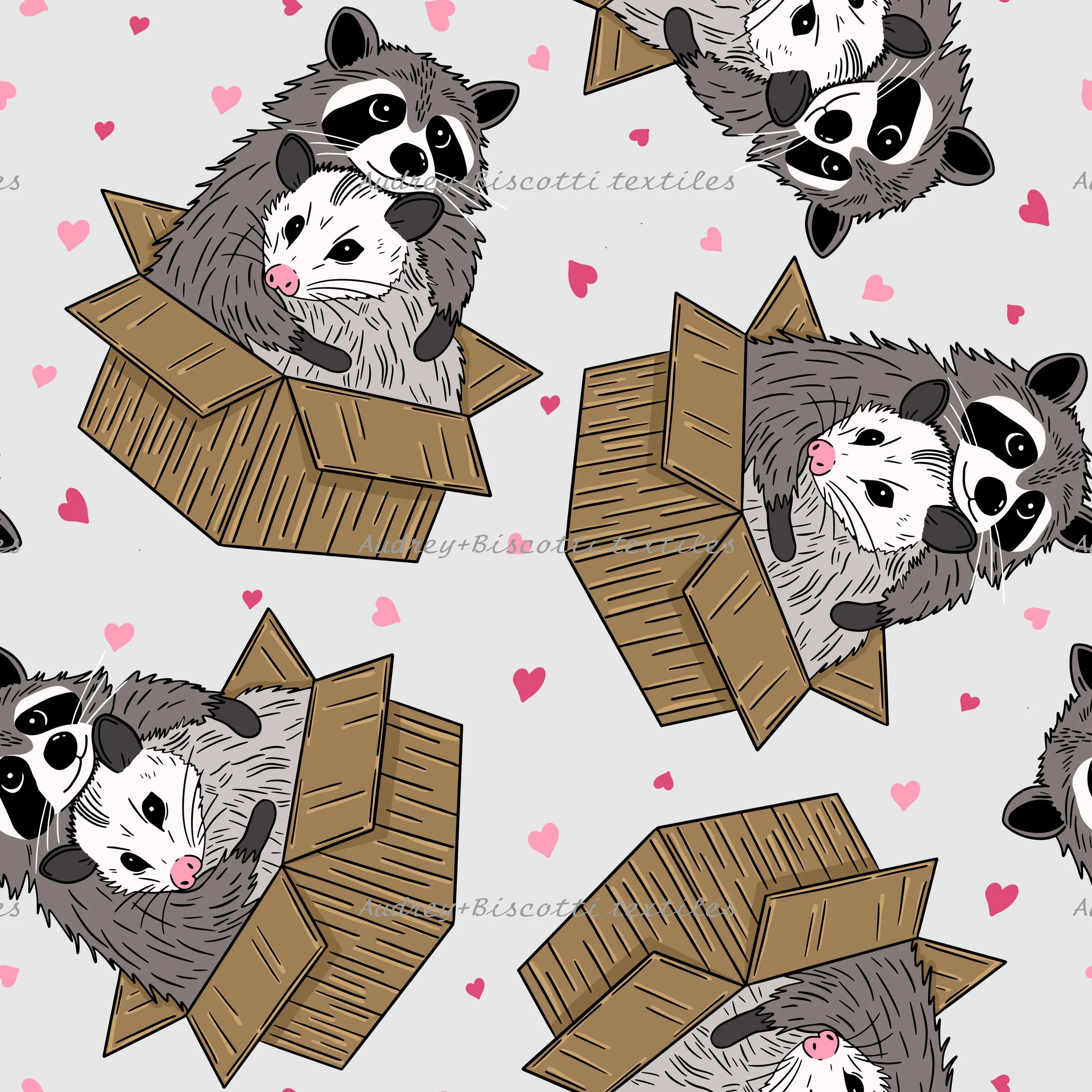 RaccoonOpossumHuggingGreyCheckerBGRaspberryPatternCo.jpg