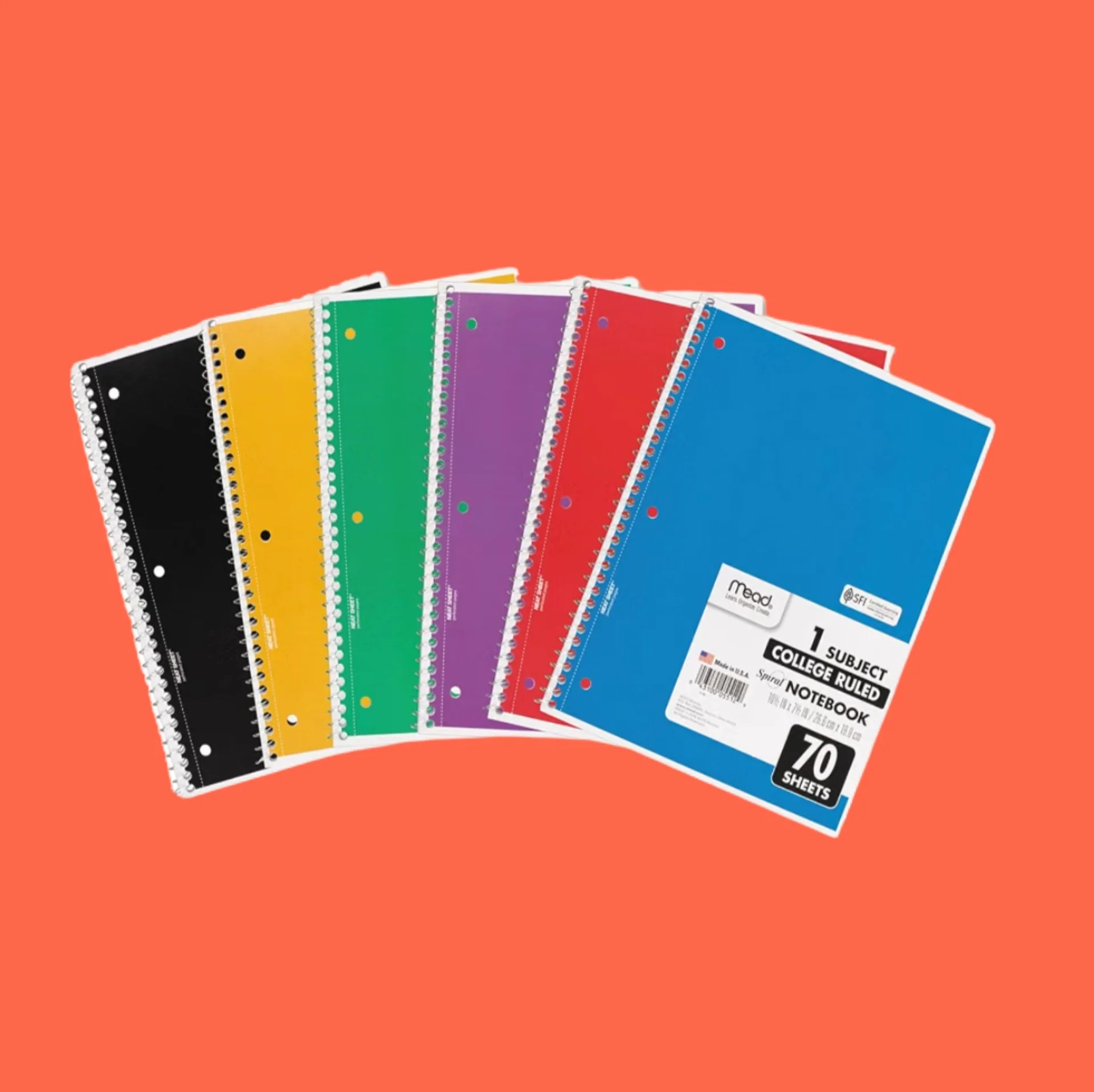 Mead Spiral Notebook, 1 Subject College Ruled Paper, 70 Sheet Assorted Colors