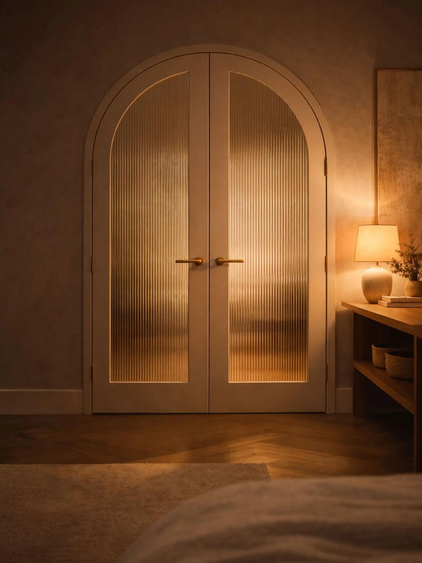 Some doors you walk through. Some doors you stop and stare at 🤩

Our Saba internal double arch door with reeded glass catches the warmth of a room and turns it into something golden. The soft curve, the textured glass, the brushed brass hardware&hel
