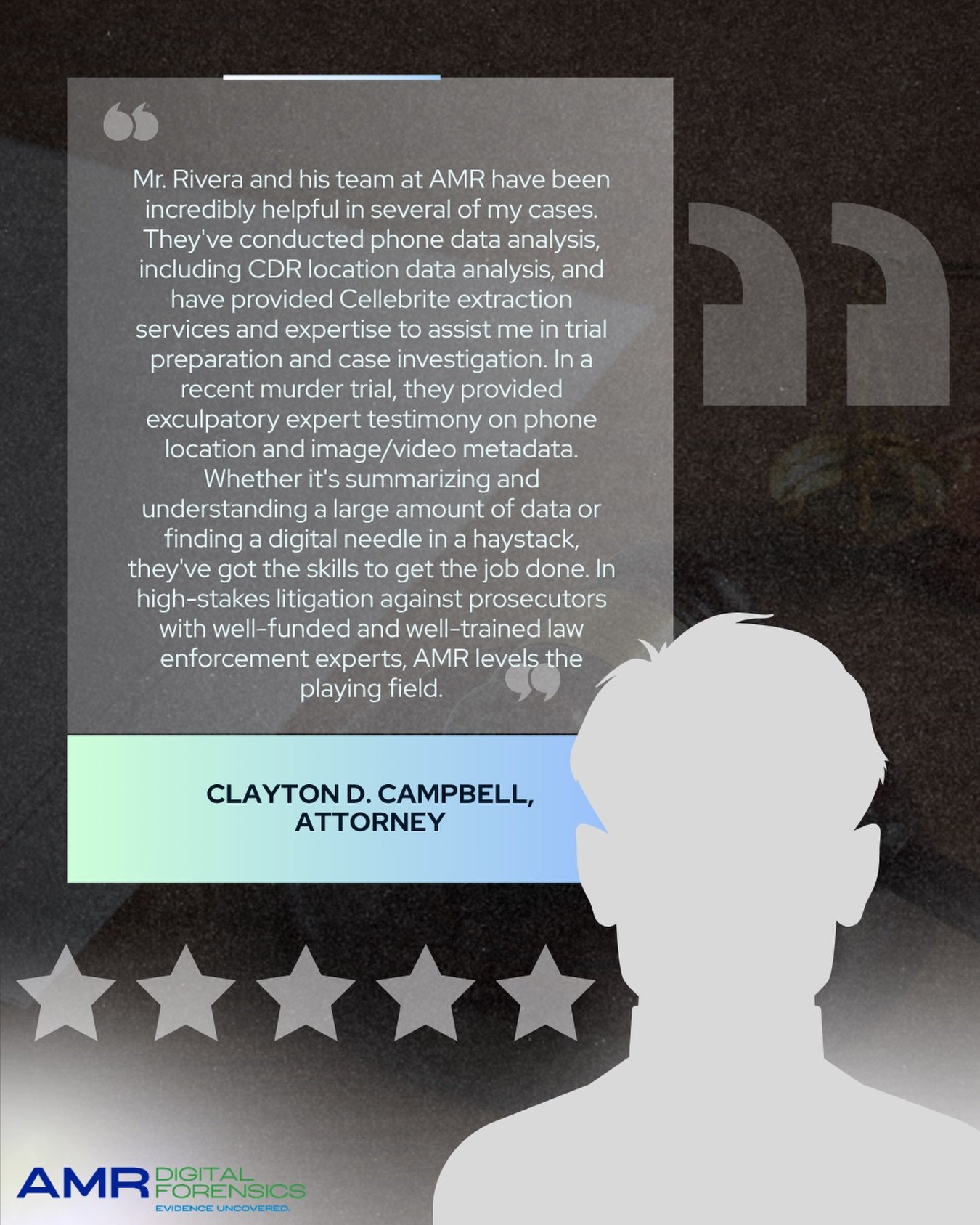 AMR Digital Forensics is here to provide the experts that strengthen your case. Thank you to attorney Clayton D. Campbell for the opportunity to support his case. 

Contact us to learn how we can help you.

 #digitalforensics #attorneysupport #attorn