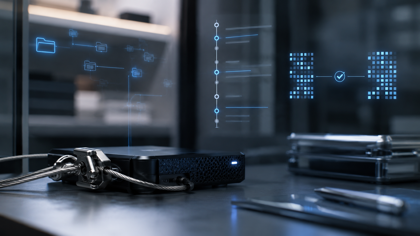 Secure digital evidence drive with abstract file-verification and metadata graphics