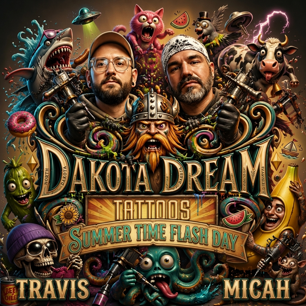 Colorful tattoo art poster for Dakota Dream Tattoos featuring two men in the center, surrounded by fantasy characters including a shark, a pig, a dragon, a cactus, a skeleton in sunglasses, and various whimsical creatures and objects, with text promoting Summer Time Flash Day.