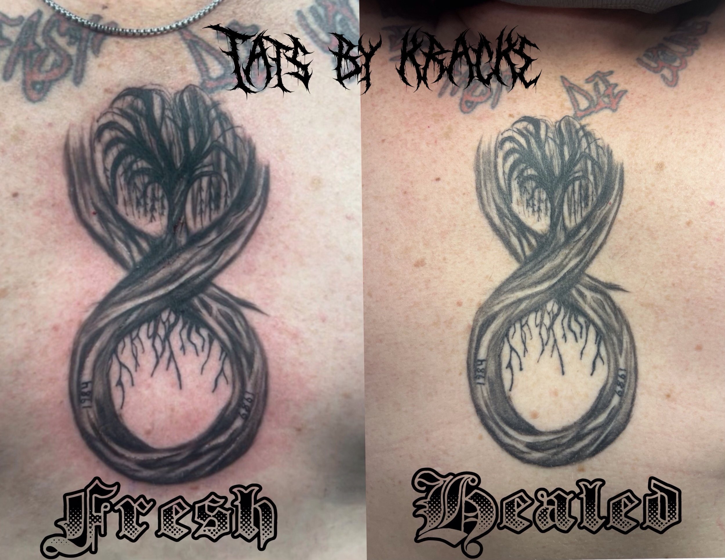 Tattoo of a tree with roots and branches forming a heart, wrapped around a snake, with the words 'Fresh' and 'Healed' below, and decorative text at the top.