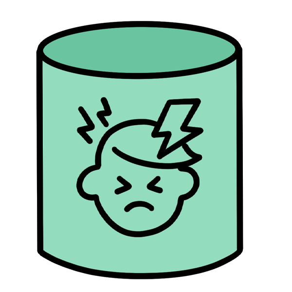 Green Cylinder Block with line drawing of boys face and lighten bolt striking head to indicate pain