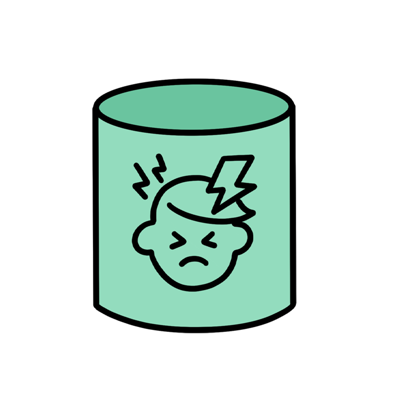 Green Cylinder Block with line drawing of boys face and lighten bolt striking head to indicate pain