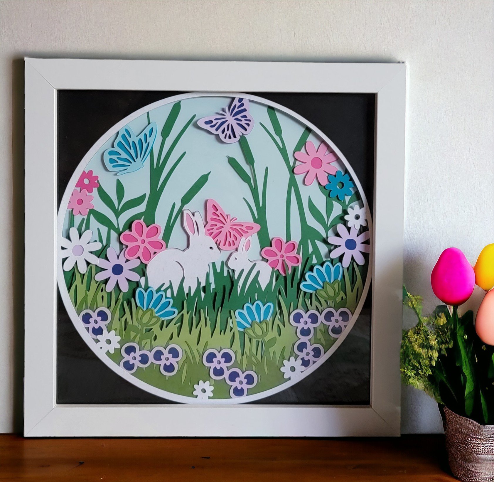 Two Bunnies with Flowers & Butterflies