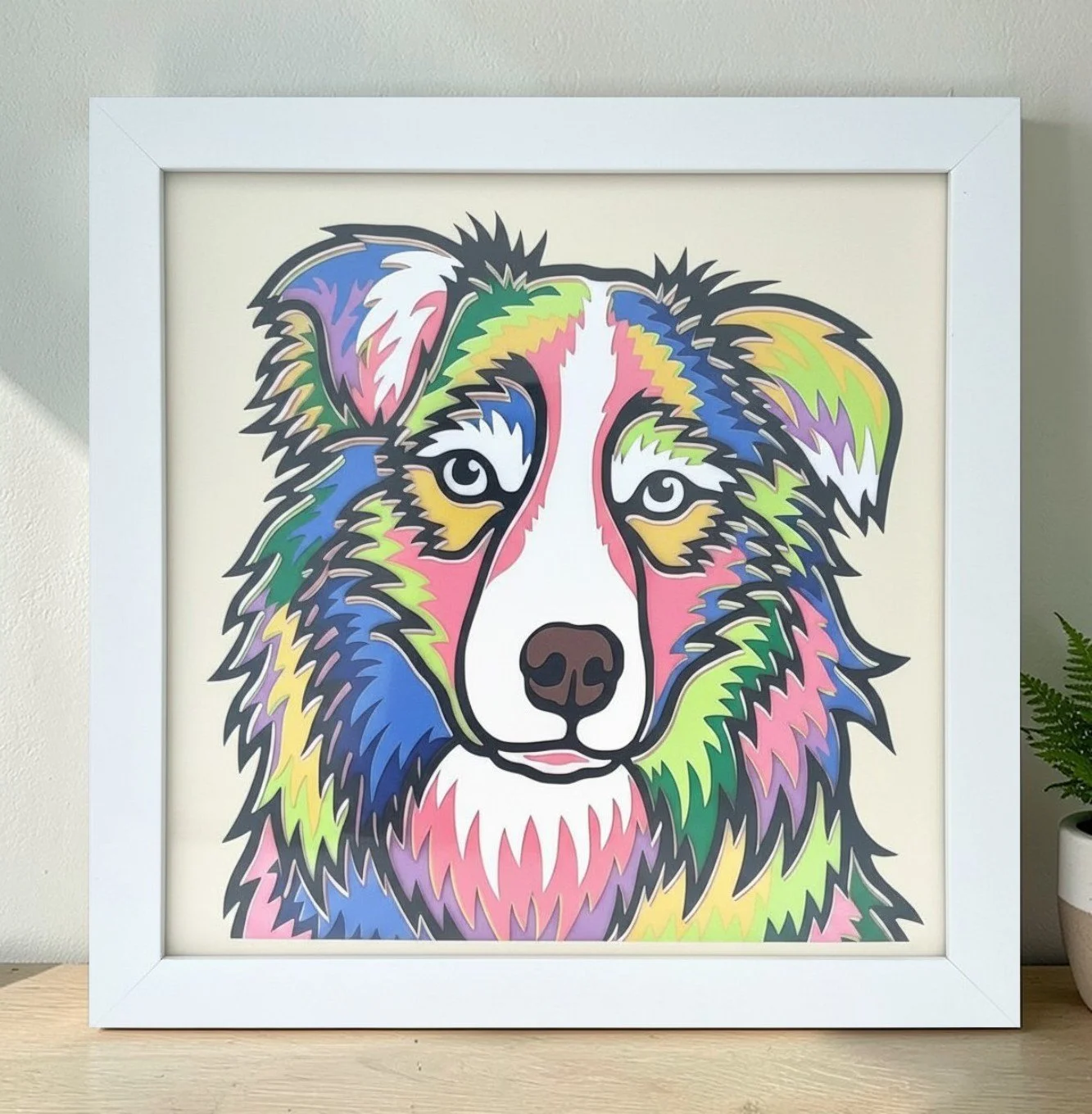 AUSTRALIAN SHEPHERD WHITE FRAME WITH PLANT.jpg