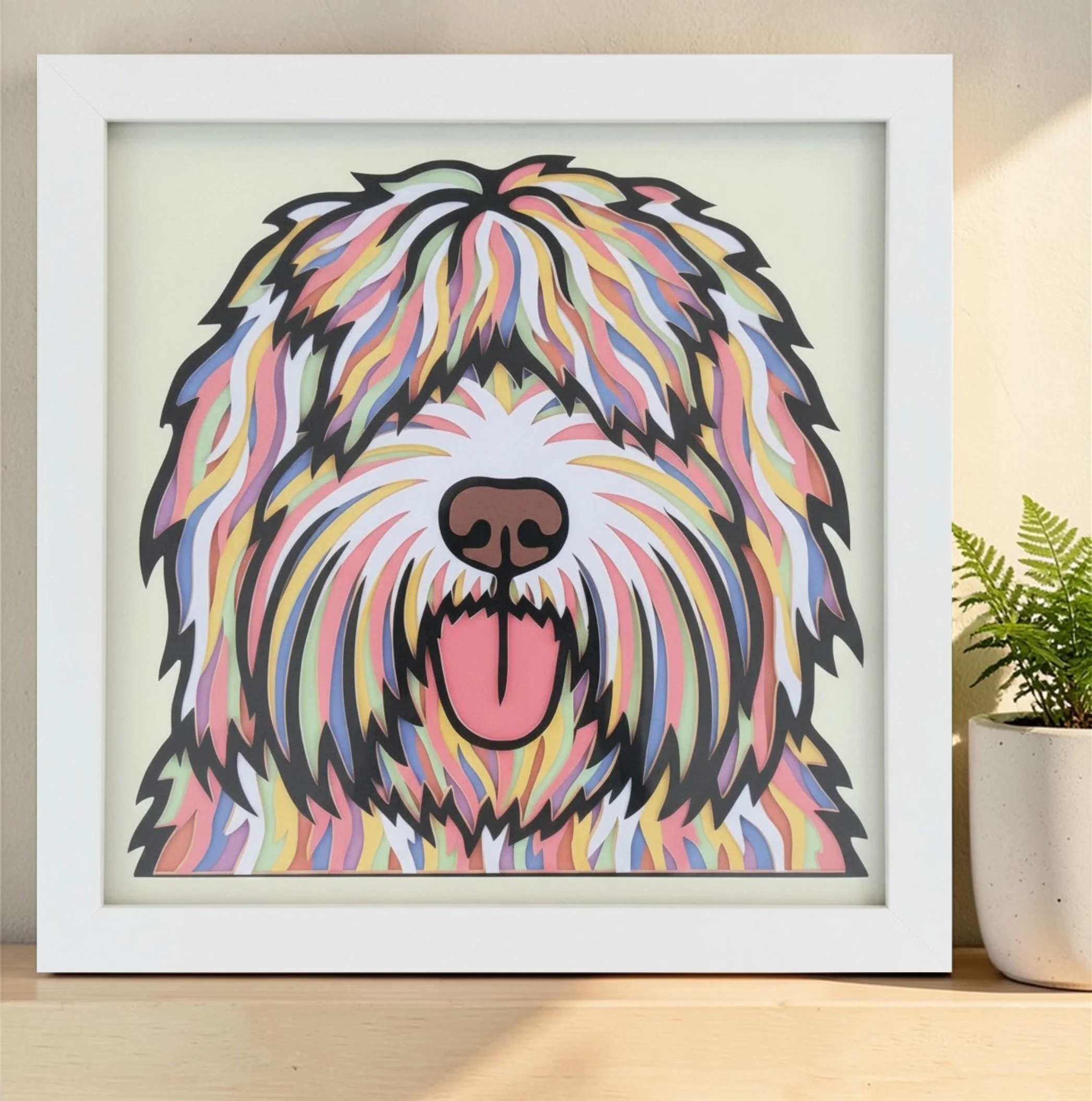 ENGLISH SHEEPDOG WHITE FRAME WITH PLANT.jpg