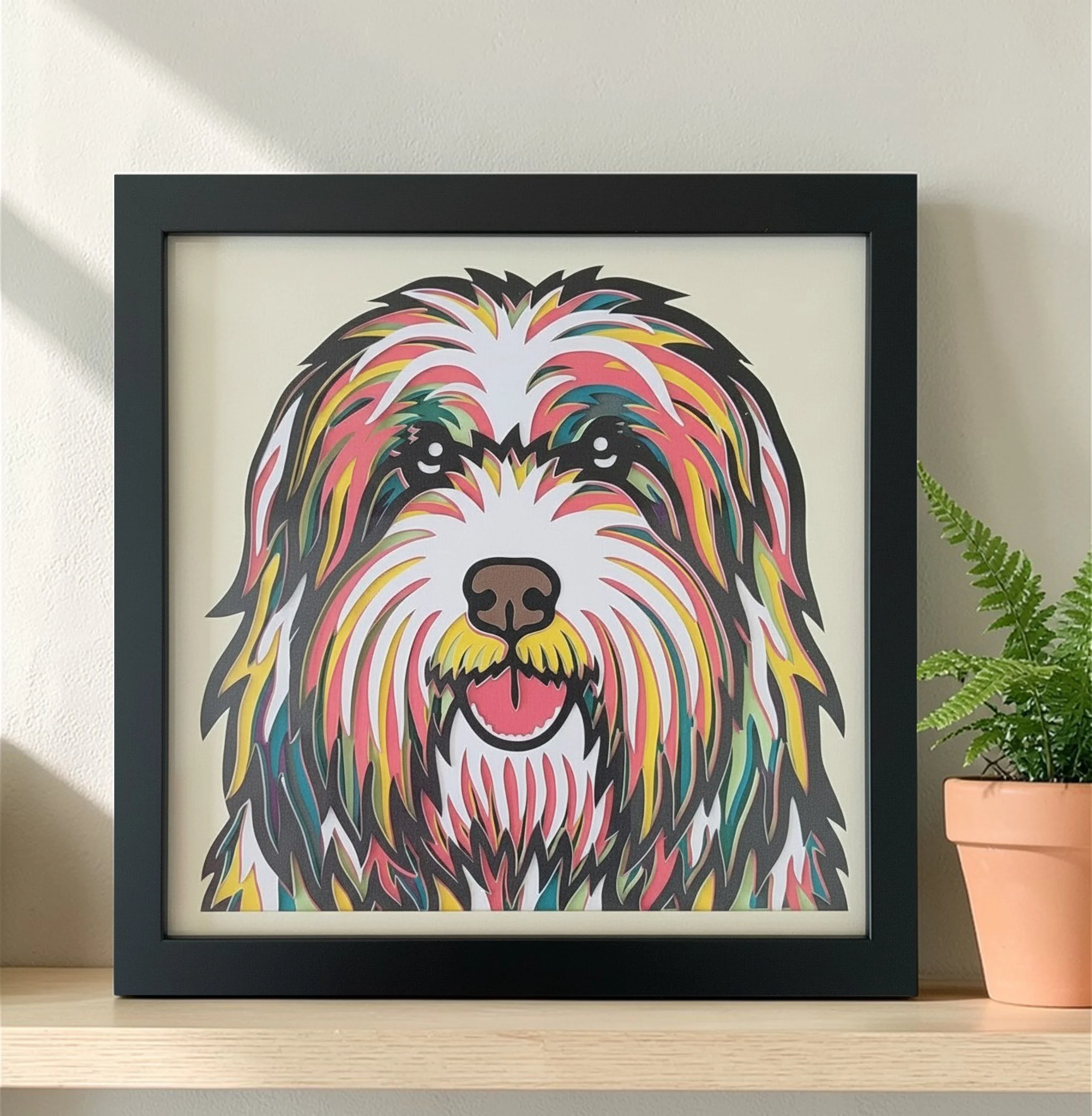 BEARDED COLLIE BLACK FRAME WITH PLANT.jpg