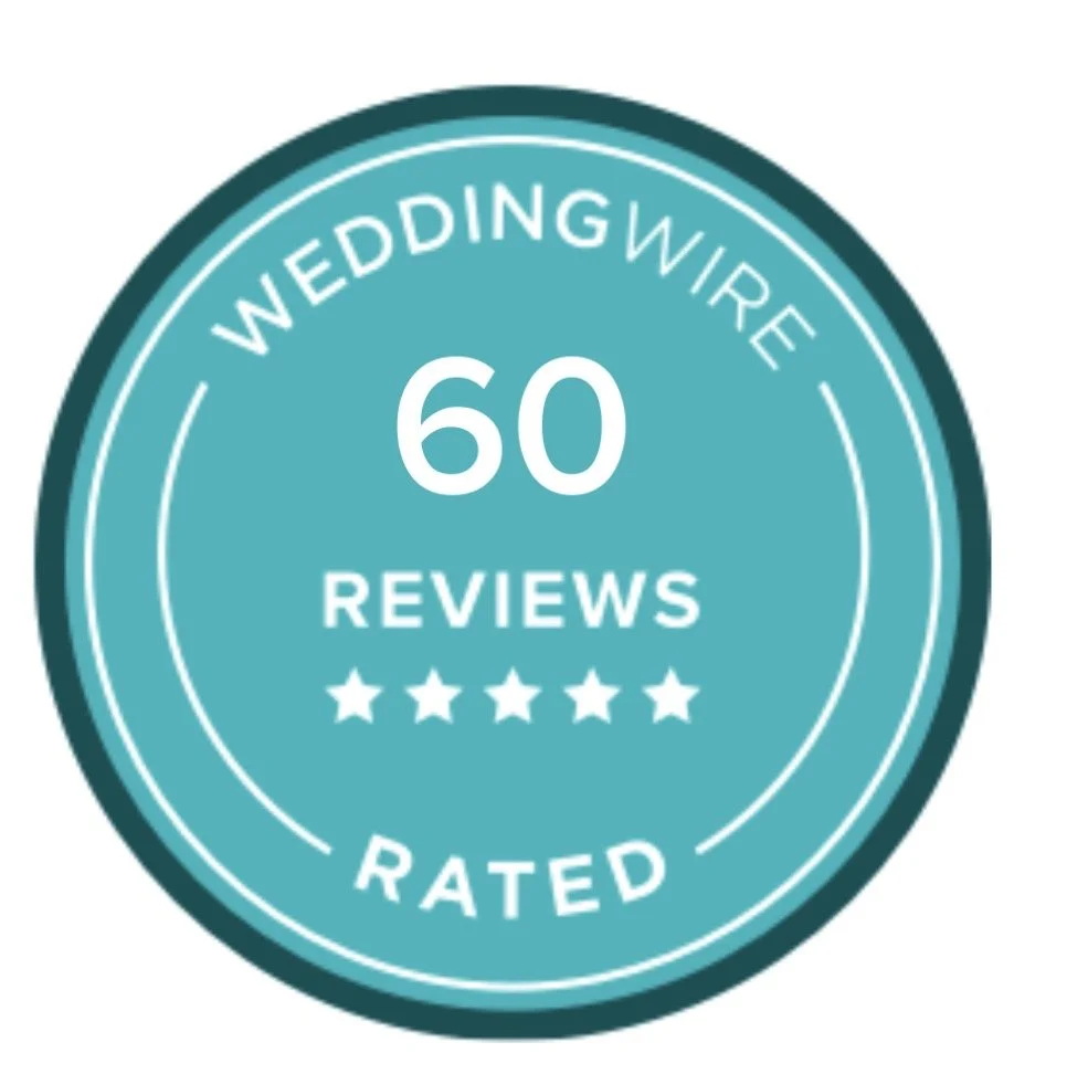 A teal circular badge indicating 60 reviews with five stars, rated for wedding wire.