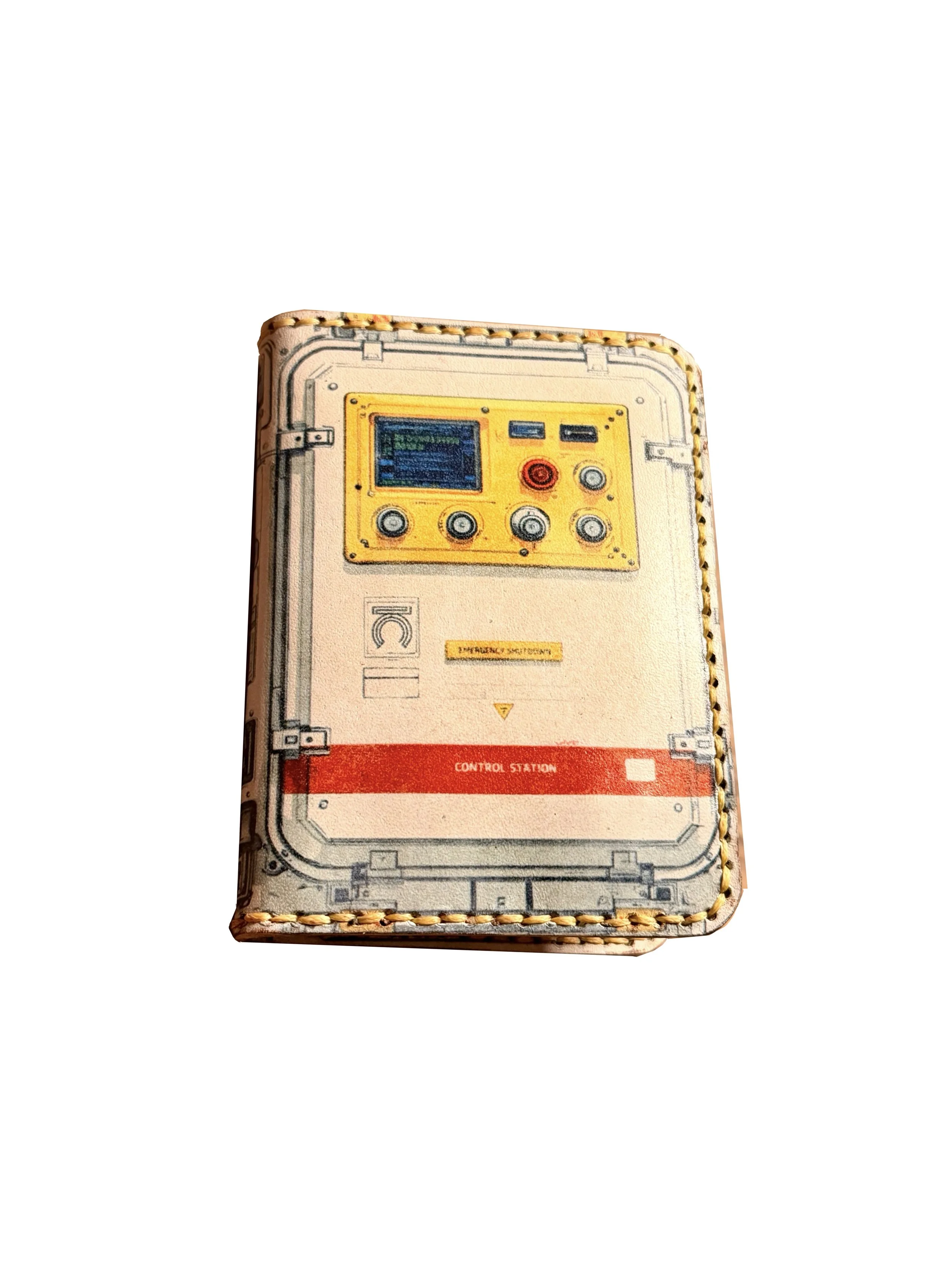 Printed veg-tan leather bifold wallet with spaceship control panel design