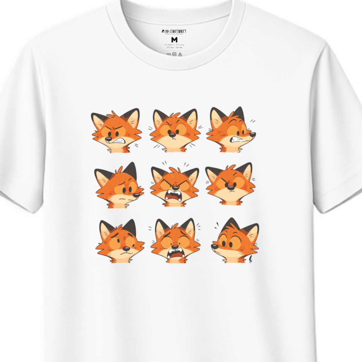 White shirt with cartoon foxes expressions 