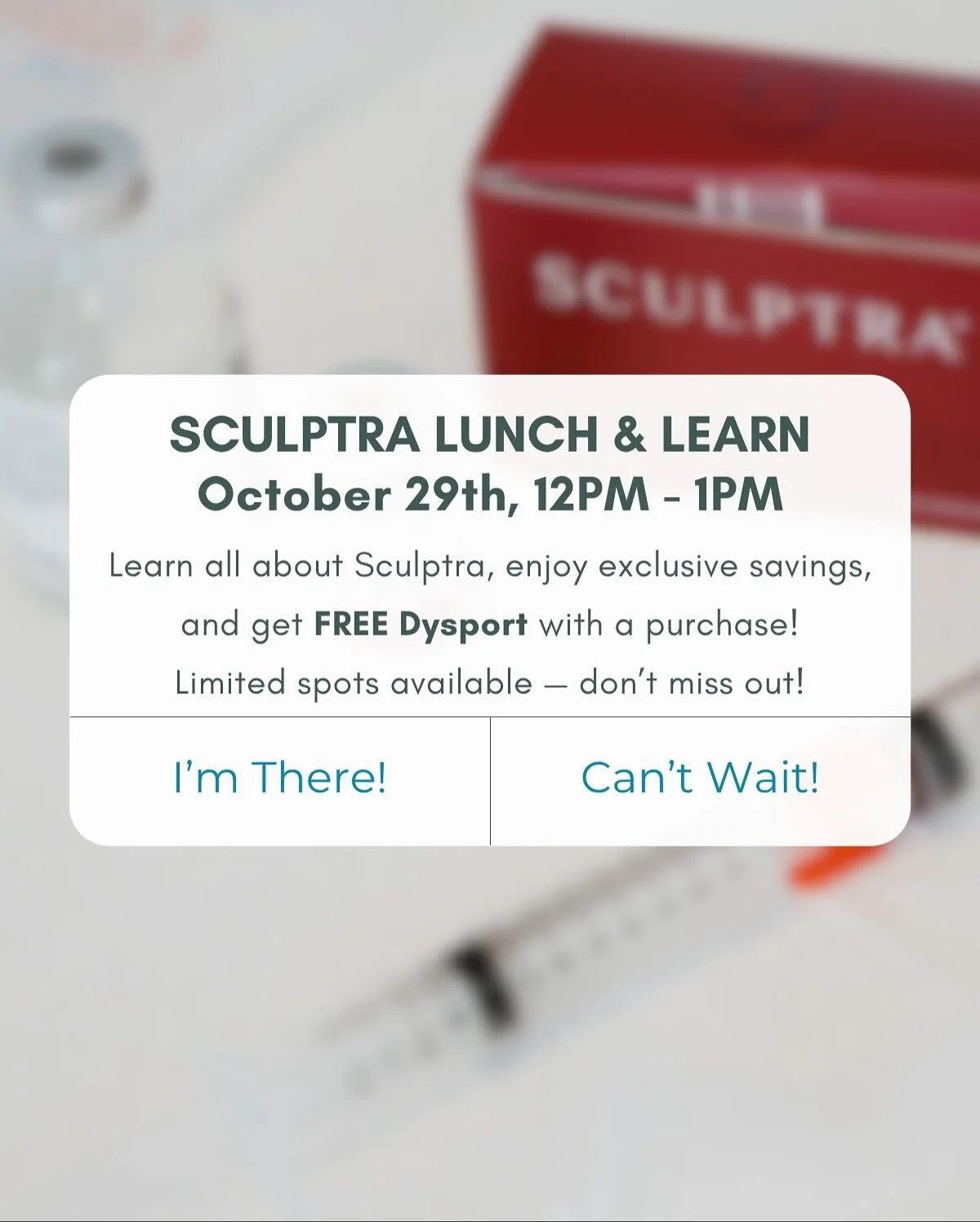 Discover the secret to long-lasting, natural rejuvenation at our Sculptra Lunch & Learn! 
📆 Thursday, October 29th | 12PM - 1PM
Enjoy lunch, learn about collagen stimulating injectables, and take advantage of exclusive event perks — incl