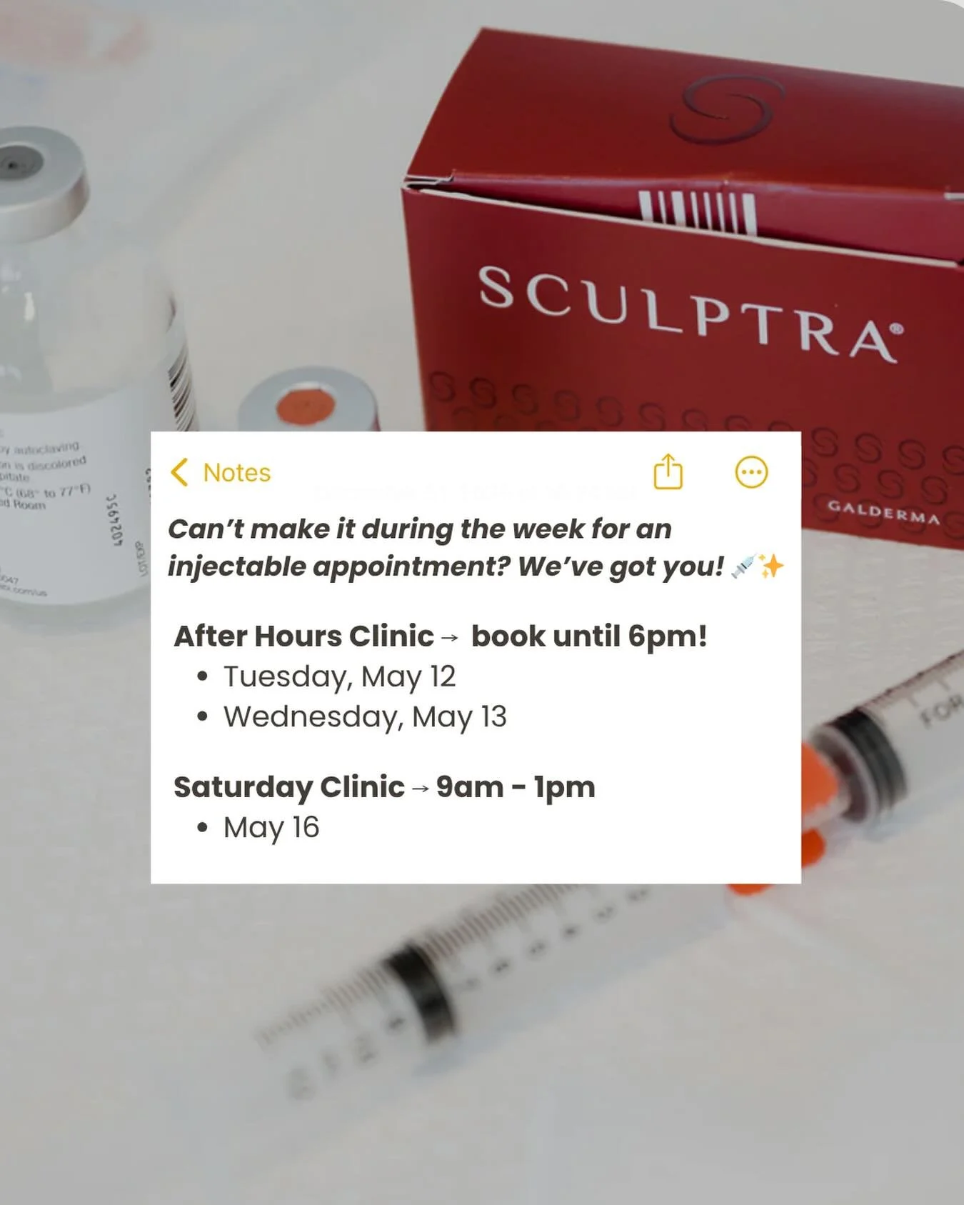 Life doesn&rsquo;t always fit into business hours&hellip; that&rsquo;s why we&rsquo;re offering limited after-hours and select Saturday injectable appointments! 📆💉

Whether you&rsquo;re balancing work, family, or just a full schedule, we&rsquo;re h