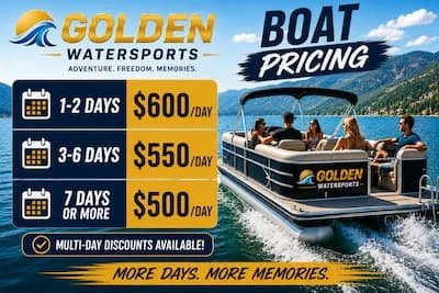 Advertisement for Golden WaterSports boat rentals with pricing for 1-2 days at $600 daily, 3-6 days at $550 daily, and 7 or more days at $500 daily, featuring a photo of people on a boat with scenic mountains in the background.
