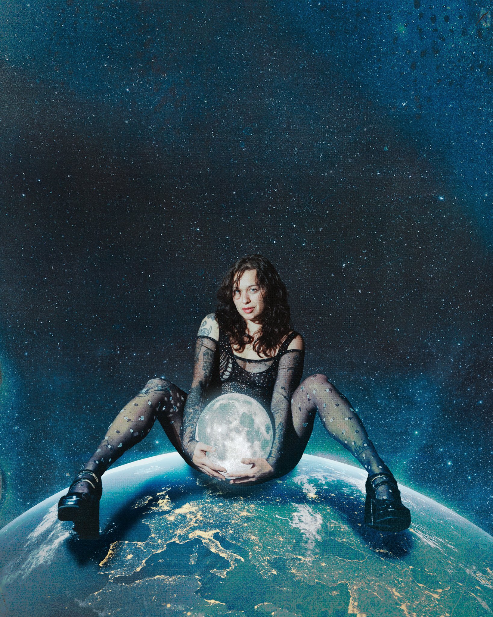 Surreal image of a woman holding the moon while sitting on Earth with a starry space background.