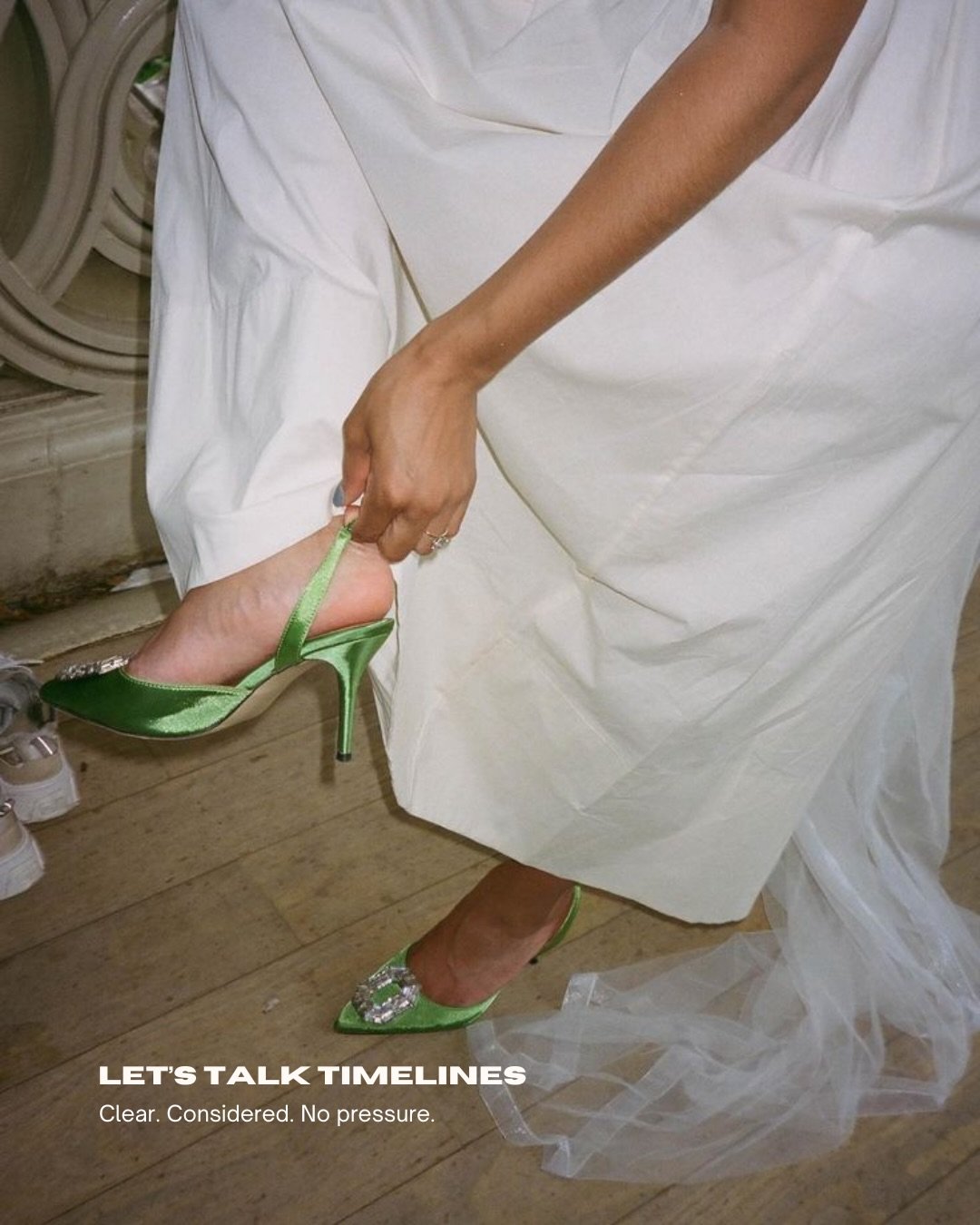 These timelines aren&rsquo;t about pressure, they&rsquo;re about giving you space.

Space to try properly, to feel certain, and to let your gown be made without rushing the process.

And if your timeline is shorter, you&rsquo;re not behind. There is 
