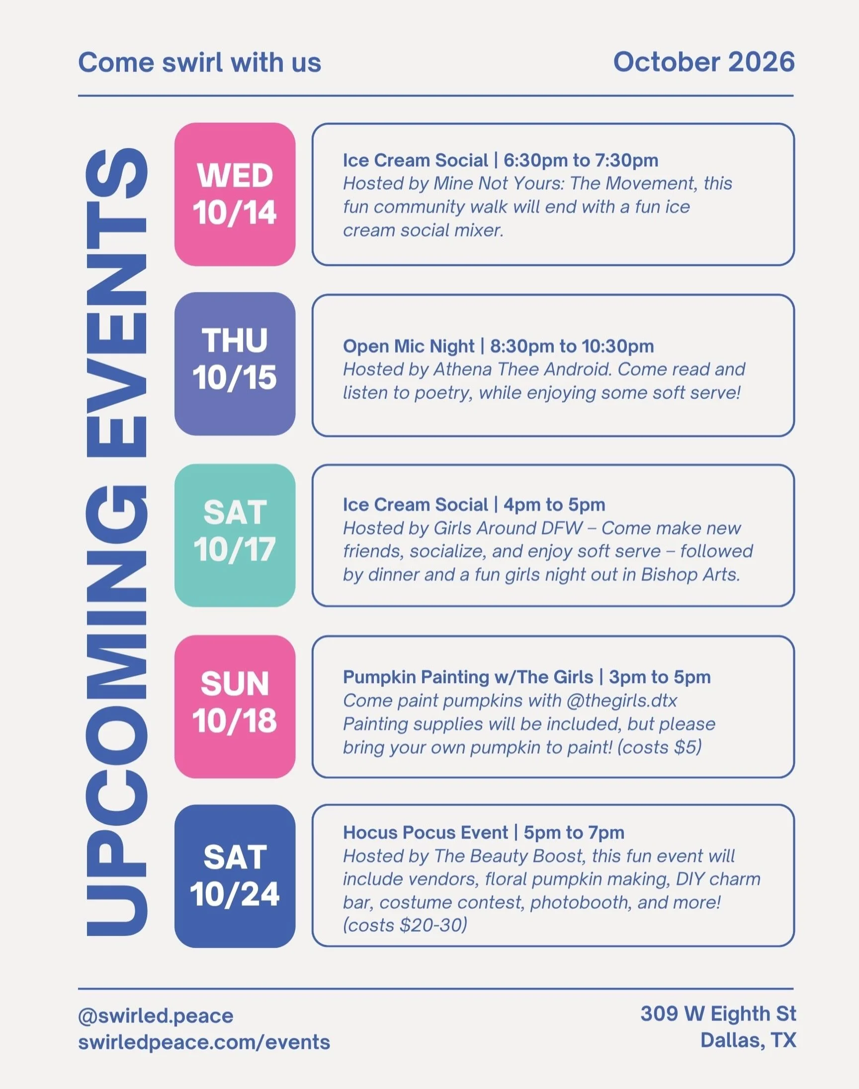 Your October plans just got sweeter🍨✨

Come enjoy our Ice cream socials, open mic night, community vibes and Halloween themed fun! We've got a lot coming up at Swirled Peace that you won&rsquo;t want to miss🧡

Save the dates, grab your friends, and