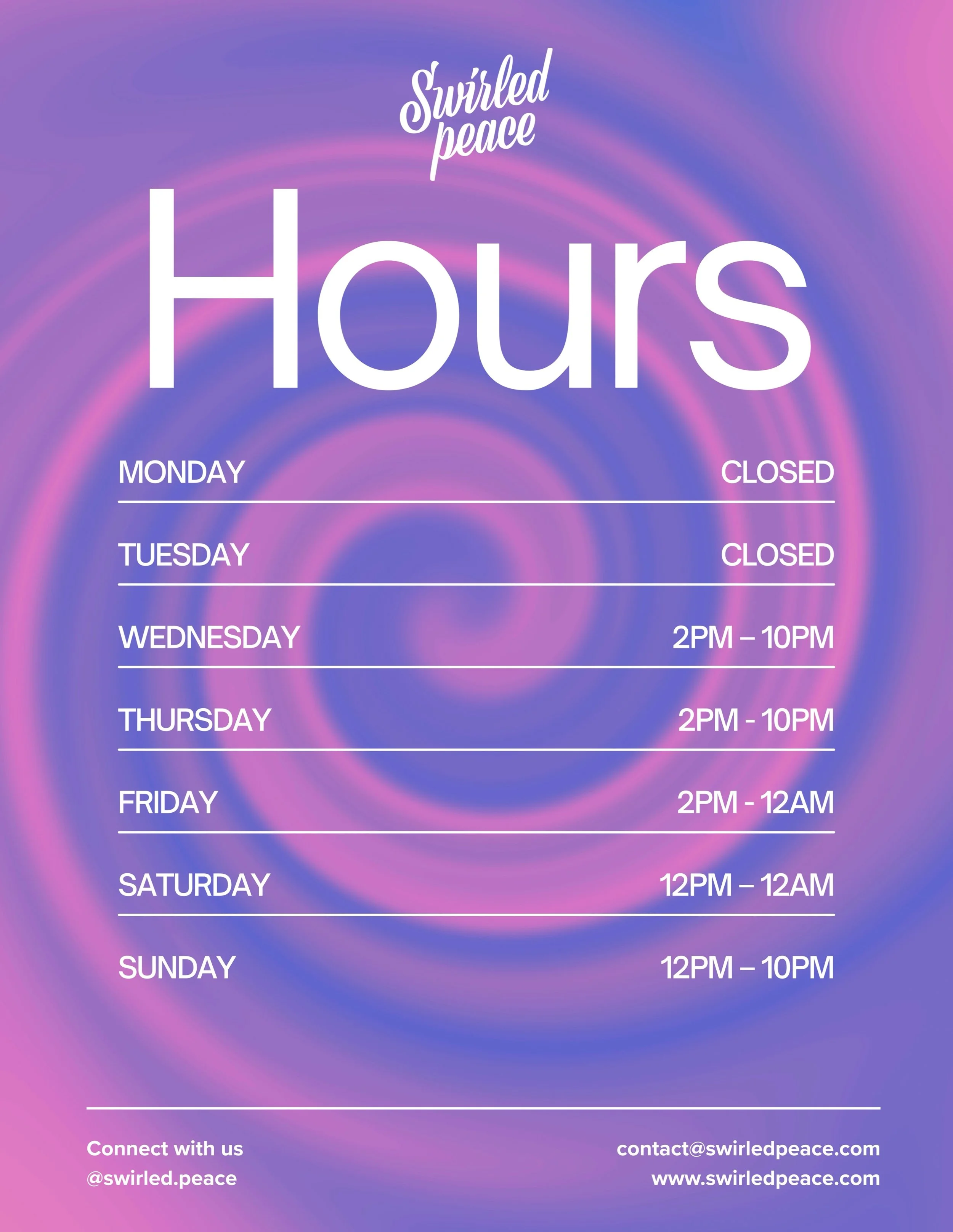 💜✨ NEW HOURS AT SWIRLED PEACE! 🍨

We&rsquo;ve updated our hours! 🗓️💫

Be sure to save our new hours so you know when to come swirl, scoop, sip &amp; sweeten up your day 💜✨

📍 Bishop Arts | Dallas 
🌱 100% dairy-free
🍨 Dallas&rsquo;s only entir