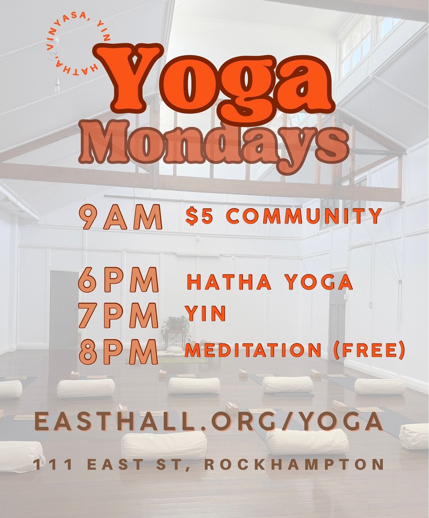 Mondays at East Hall Yoga
Start soft, stay steady. A full morning and evening of grounding practice:
• 9AM — $5 Community Yoga
• 6PM — Hatha
• 7PM — Yin
• 8PM — Free Meditation
Drop in and breathe.
east