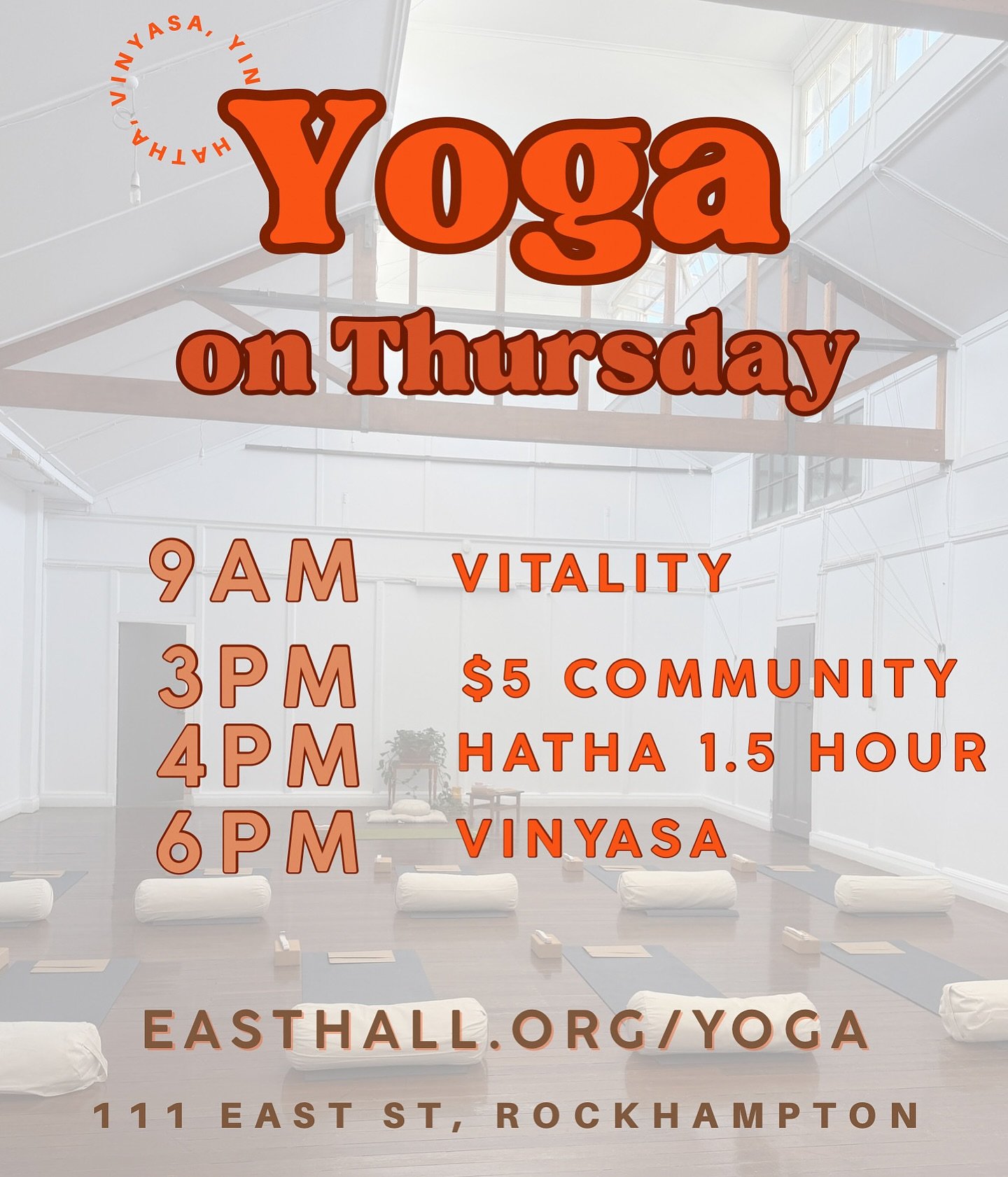 Thursday’s upon us. All your faves are on x
#easthall #rockhampton #yoga #hatha #vinyasa #breathe #stretch #90mins #communityyoga