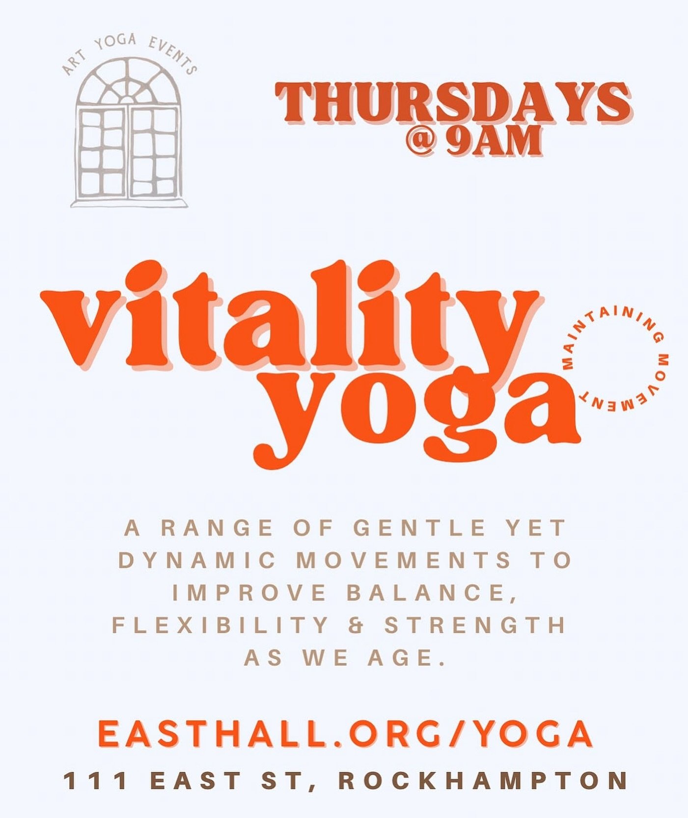 Tomorrow at 9AM: Vitality Yoga at East Hall.
Gentle movement, breath, and strength as we age—come move with us.
$10 / All welcome.
Book at easthall.org/yogq
