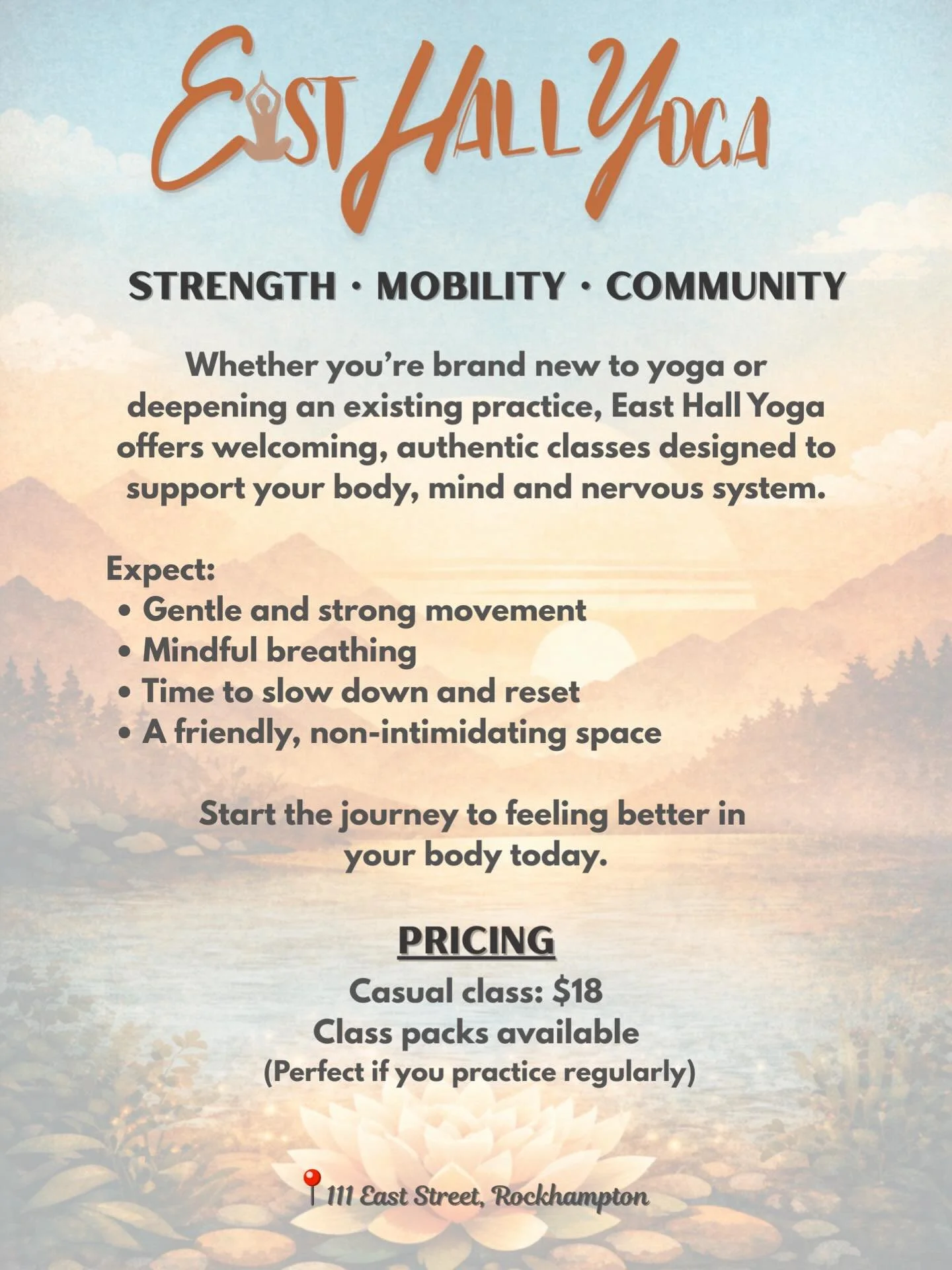 The back of our cute new flyers. If you want to try yoga or build on your practice, join us join us join us 🧡✨ easthall.org/yoga 

111 East St, Rockhampton.