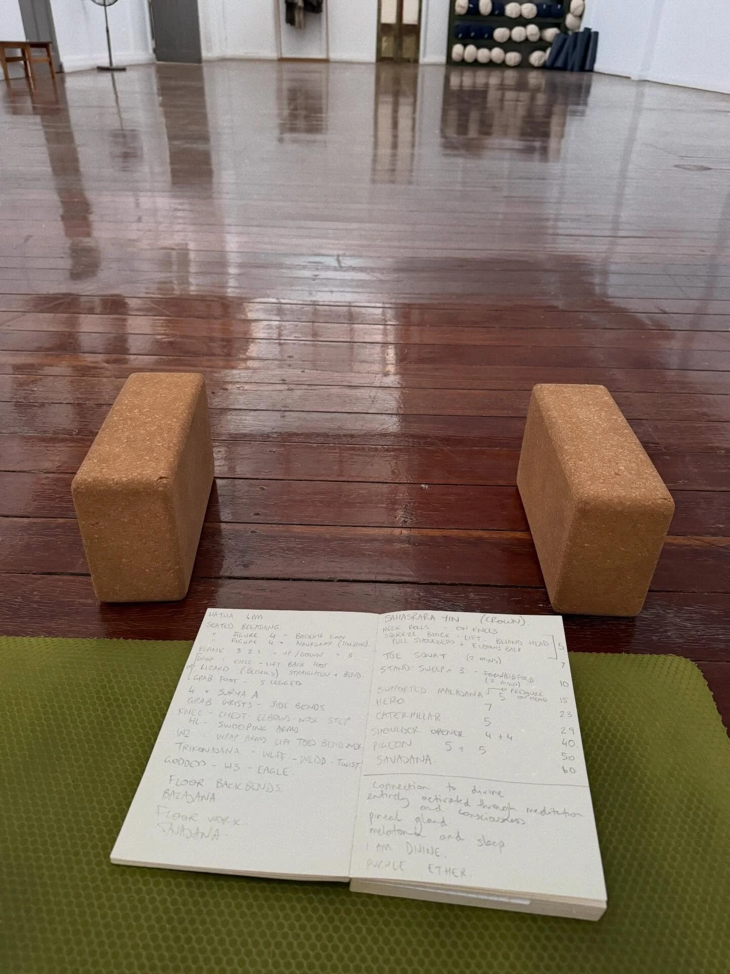 My planning doesn&rsquo;t even make sense to me. So I don&rsquo;t tend to glance at it while I teach, but it stays by my side like an old friend.

6pm - evening Hatha (getting into the whole body tonight)
7pm - yin yoga (crown chakra)

I&rsquo;ll put
