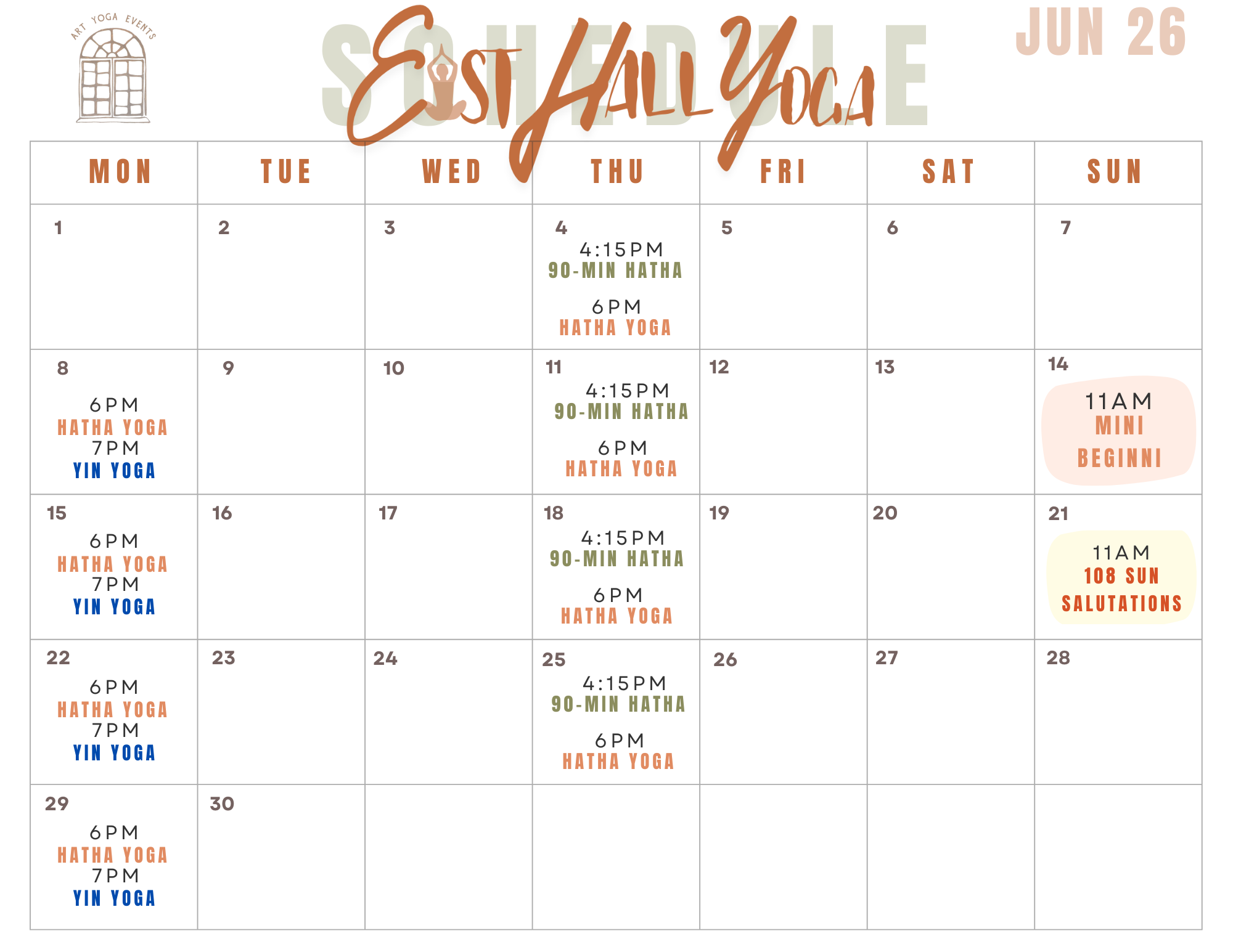 Calendar for June 2023 displaying yoga events, including Hatha Yoga, Yin Yoga, and 90-Min Hatha sessions, scheduled mostly in the evenings, with a notable mini beginner class on June 25 at 11 AM.