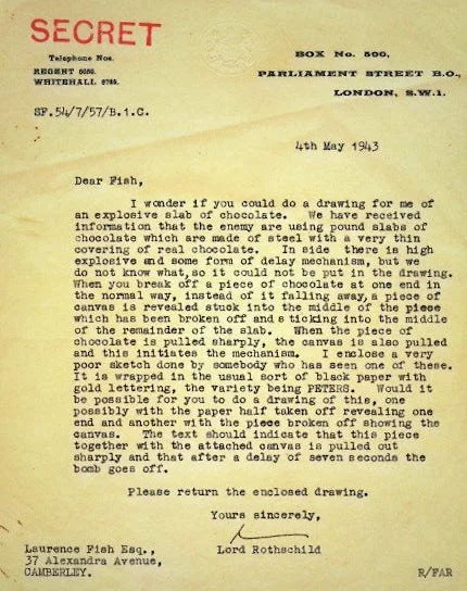 A typed letter dated May 4, 1943, from Lord Rothschild to Laurence Fish. from Lord Rothschild, discussing a drawing of an explosive slab of chocolate used by enemies and requesting a sketch for analysis. From the National Archives.