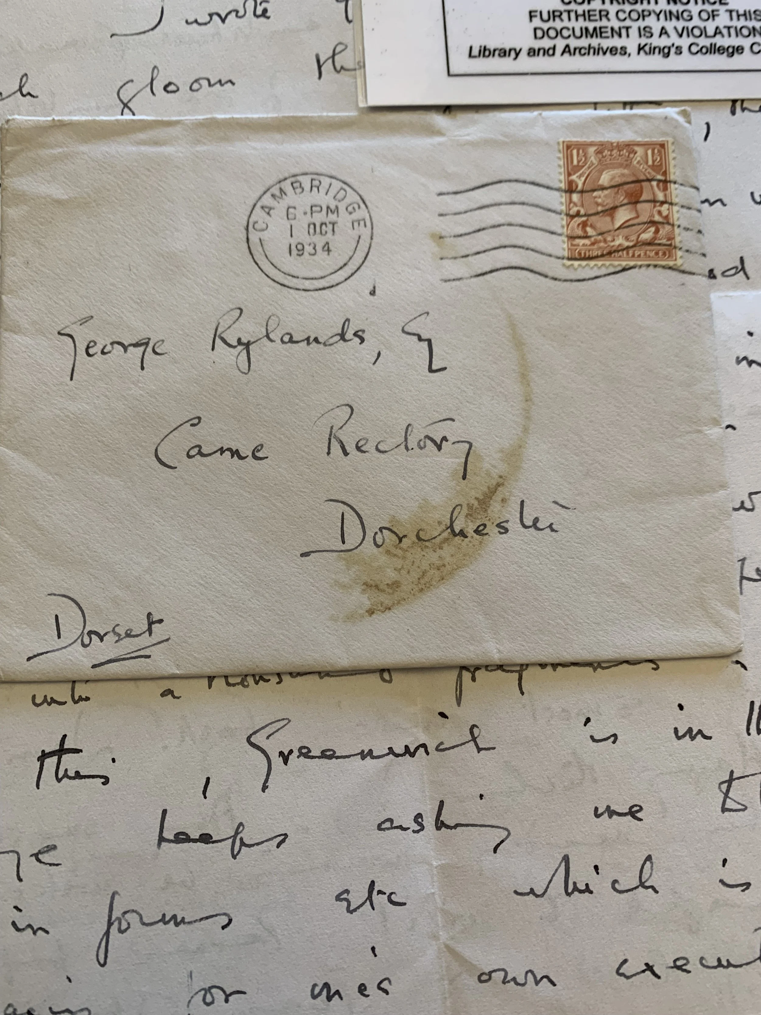 Letter from Victor Rothschild to George Rylands, Fellow of King's College, Cambridge, dated October 1, 1934. National Archives