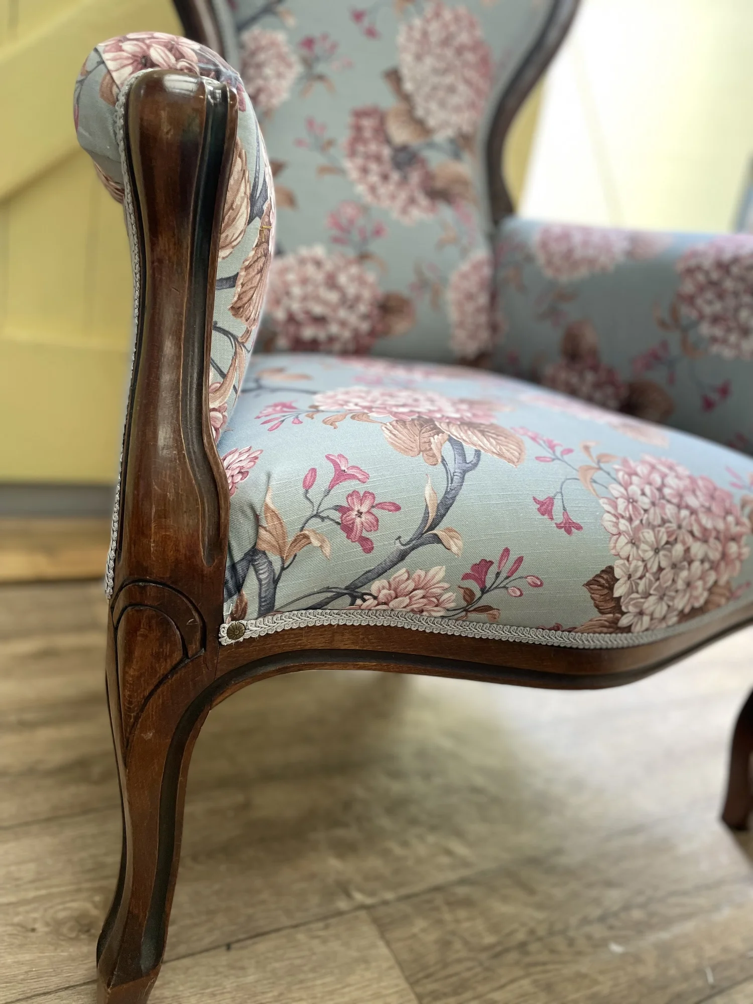Floral classic armchair duck egg blue pink hydrangea