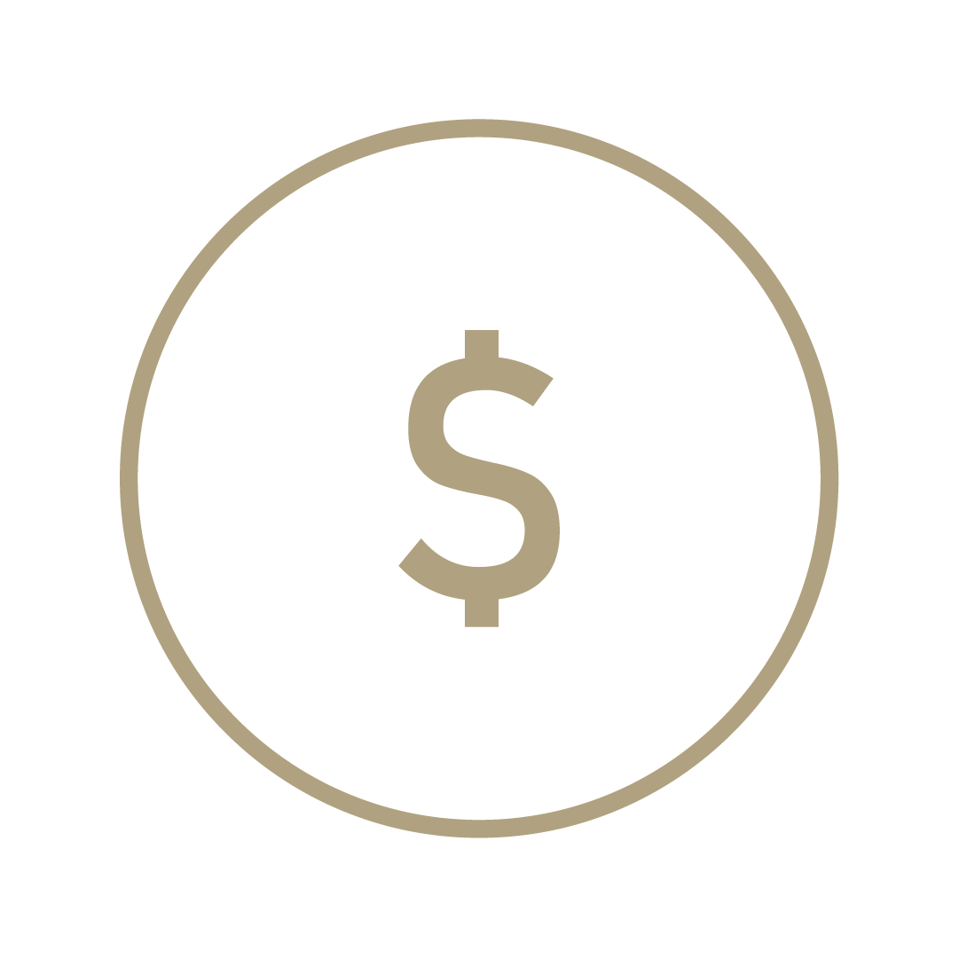 Ícone de moeda com símbolo de dólar ($) no centro, preto com contorno e símbolo em cor bege.