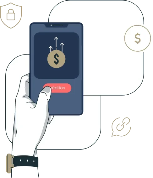 Pessoa acessando um aplicativo financeiro no smartphone, exibindo uma transferência de dinheiro, com símbolos de dinheiro e créditos.