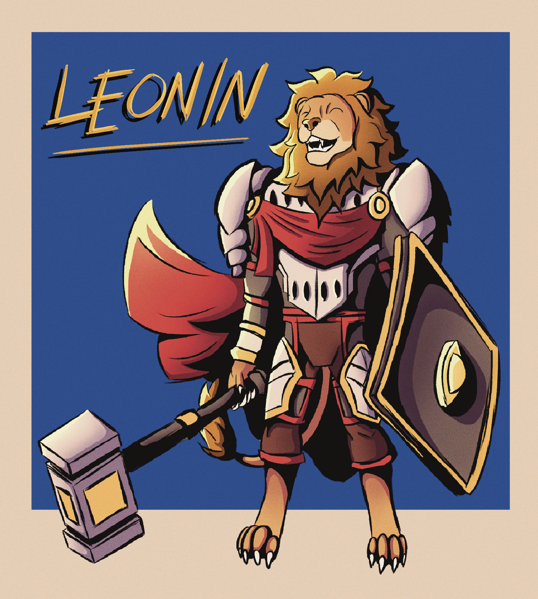Cartoon lion dressed as a medieval warrior holding a hammer and shield, with the name 'LEONIN' in stylized text above.